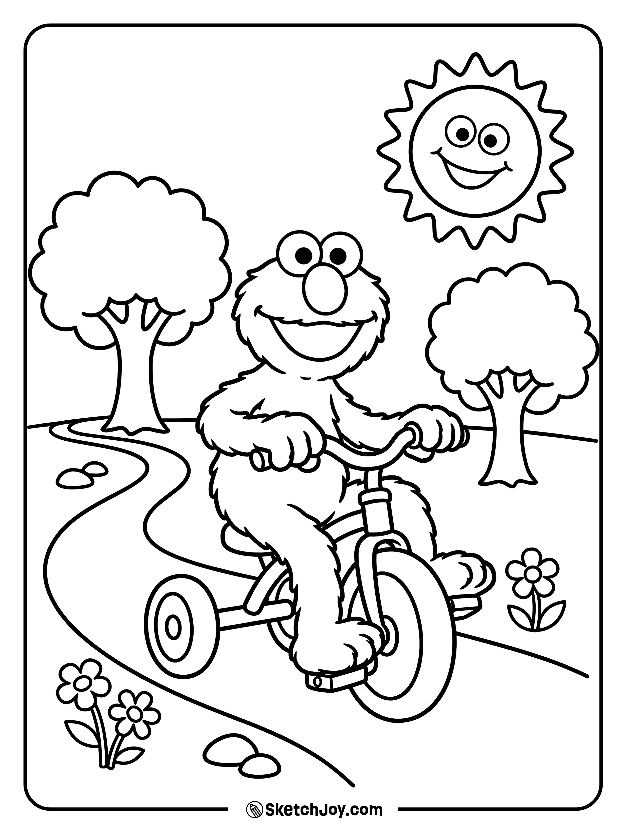 Elmo rides a tricycle on a simple path.