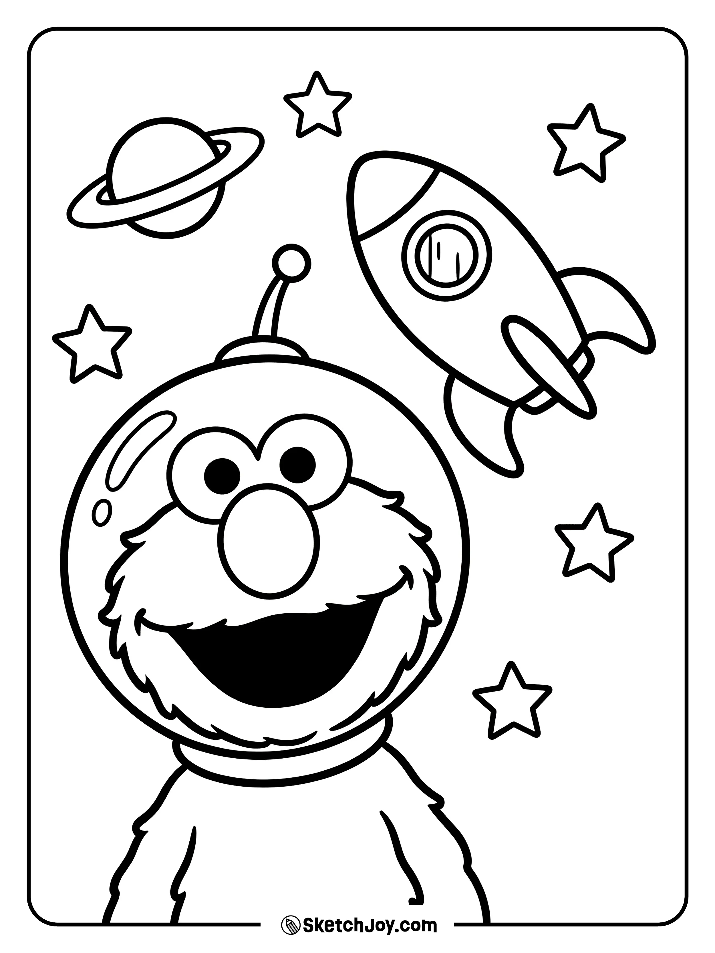 Elmo wears a space helmet beside a small rocket.