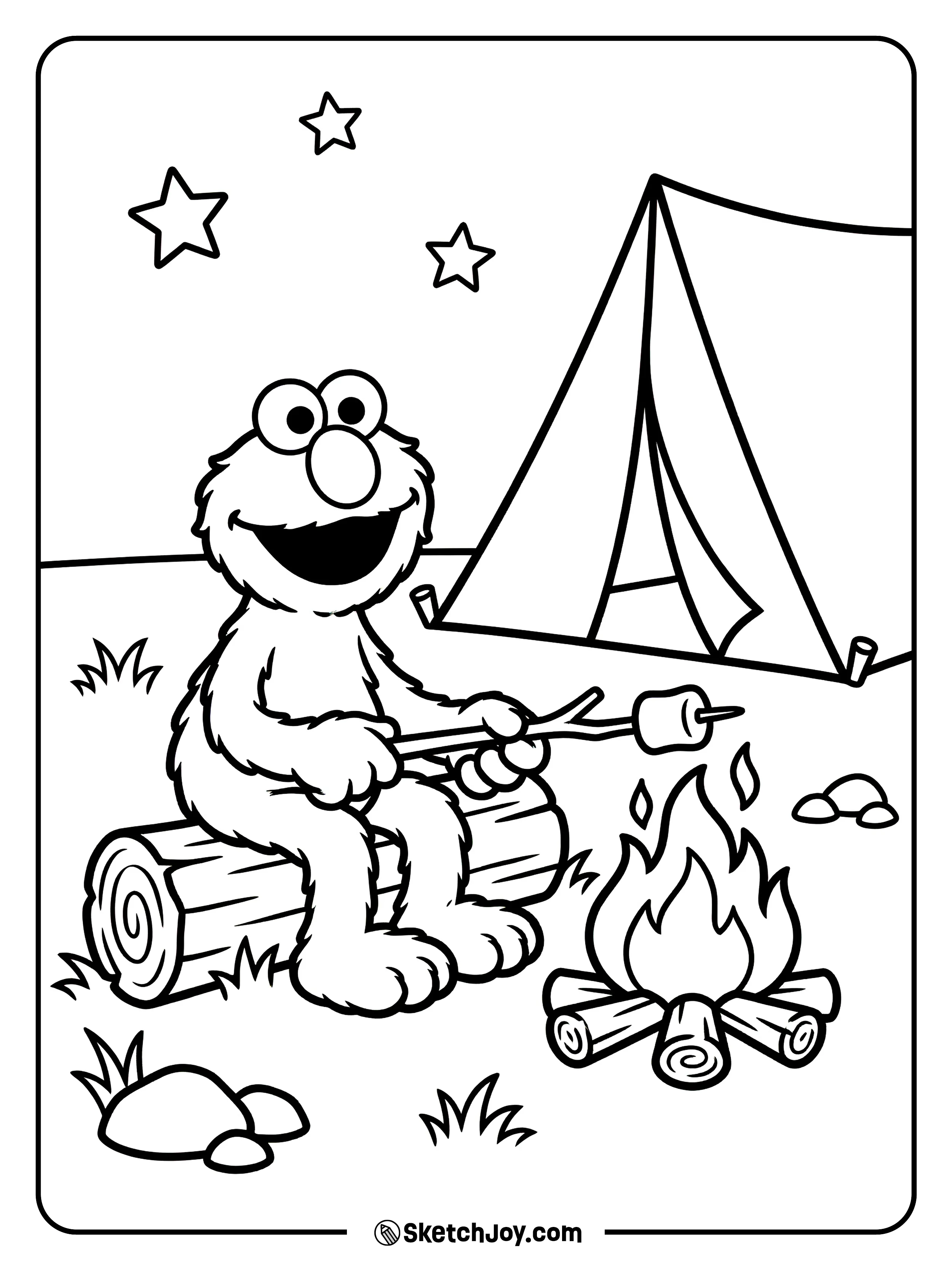 Elmo holds a stick over a small campfire.