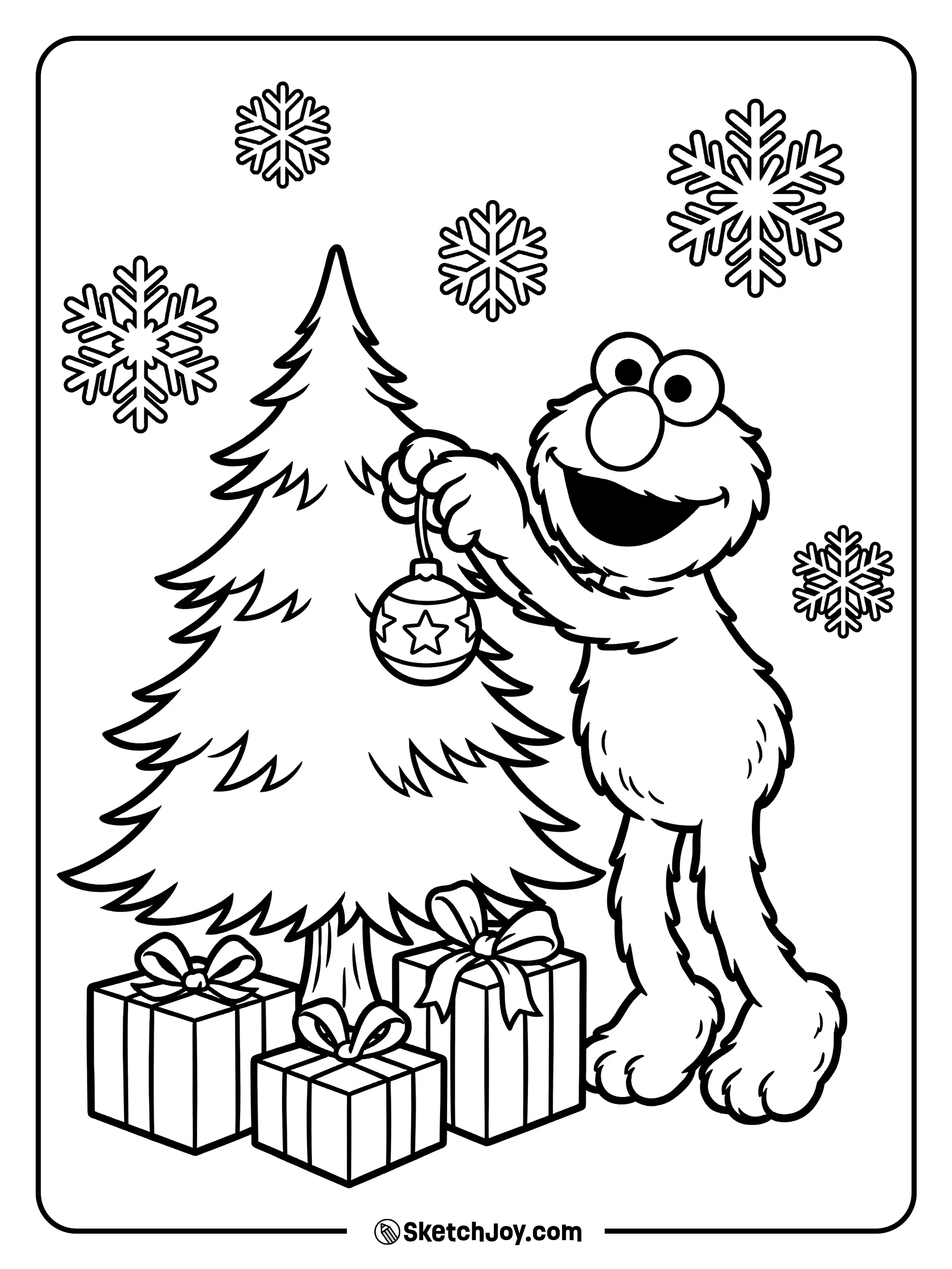 Elmo hangs an ornament on a holiday tree with gifts nearby.