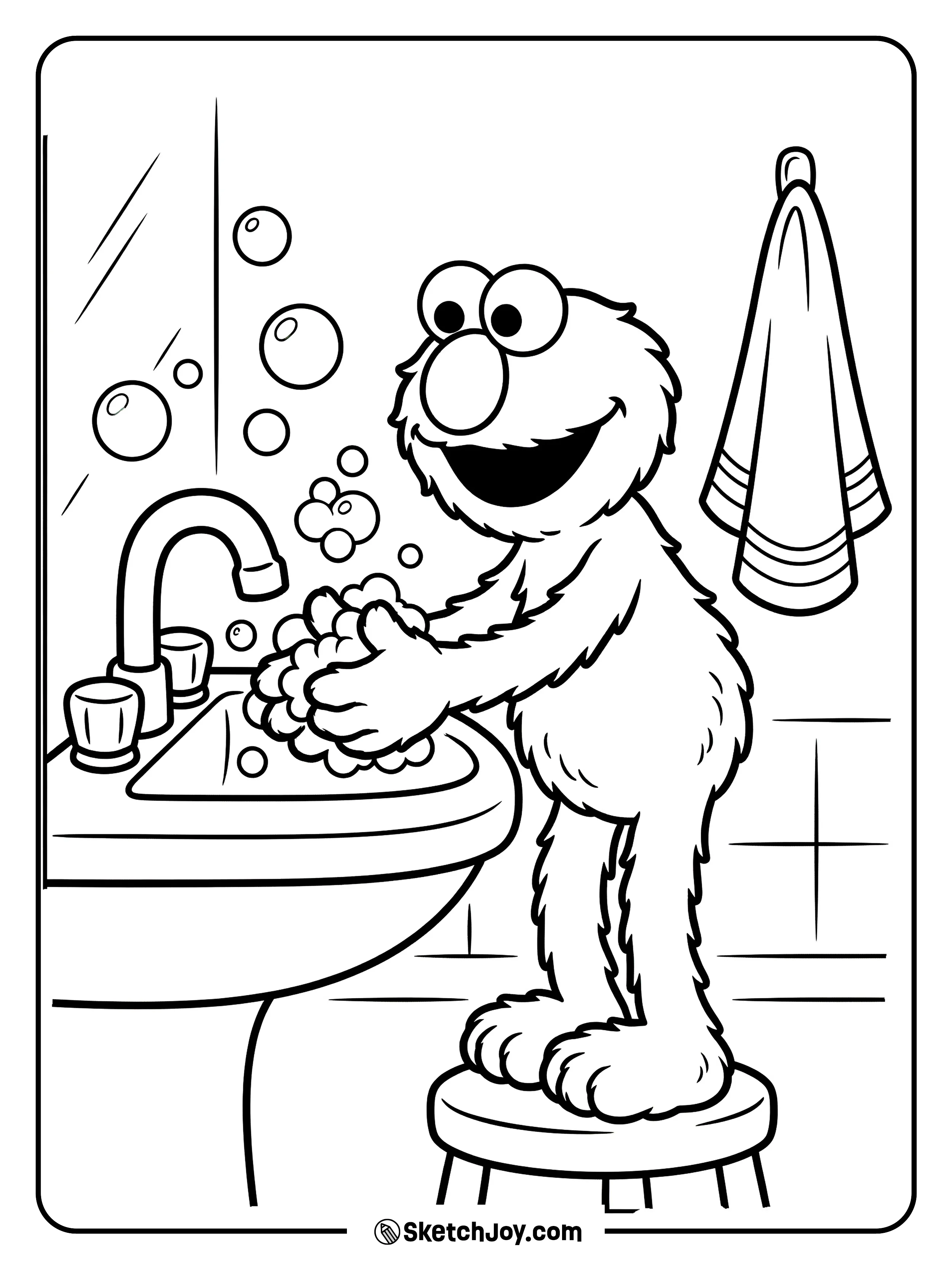 Elmo washes his hands with soap bubbles floating up.