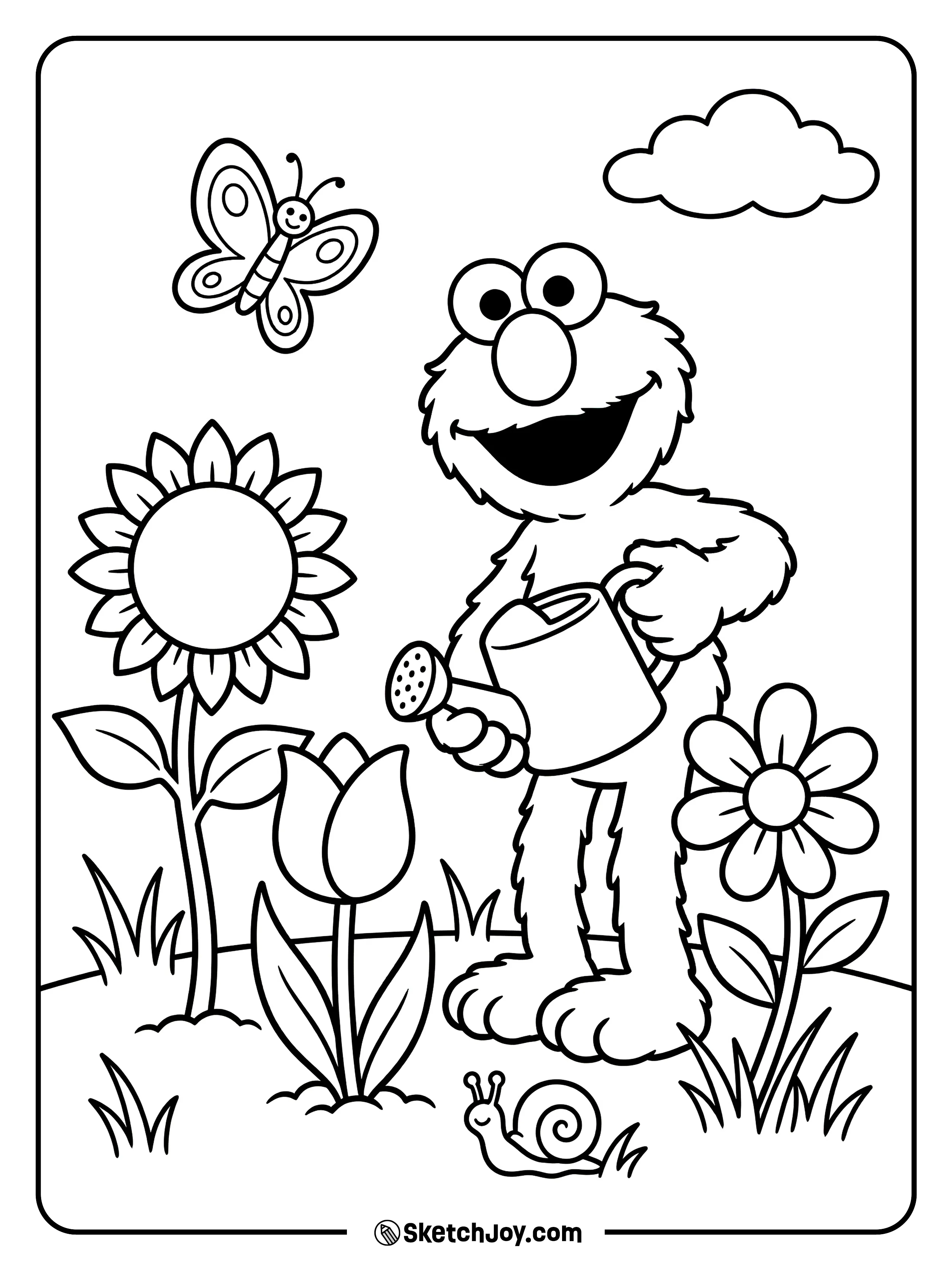 Elmo uses a watering can for a row of flowers.