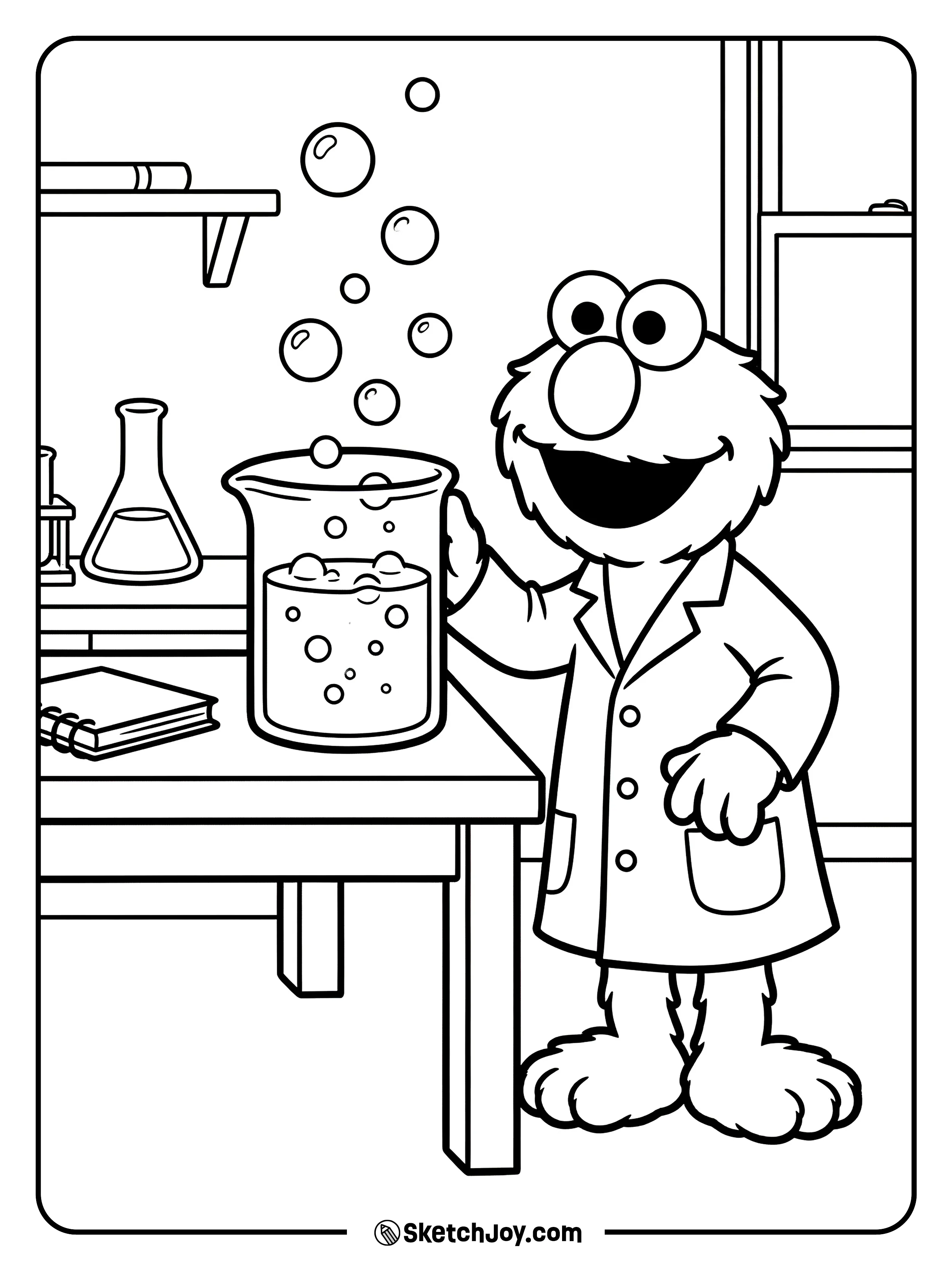 Elmo watches bubbles rise from a beaker.