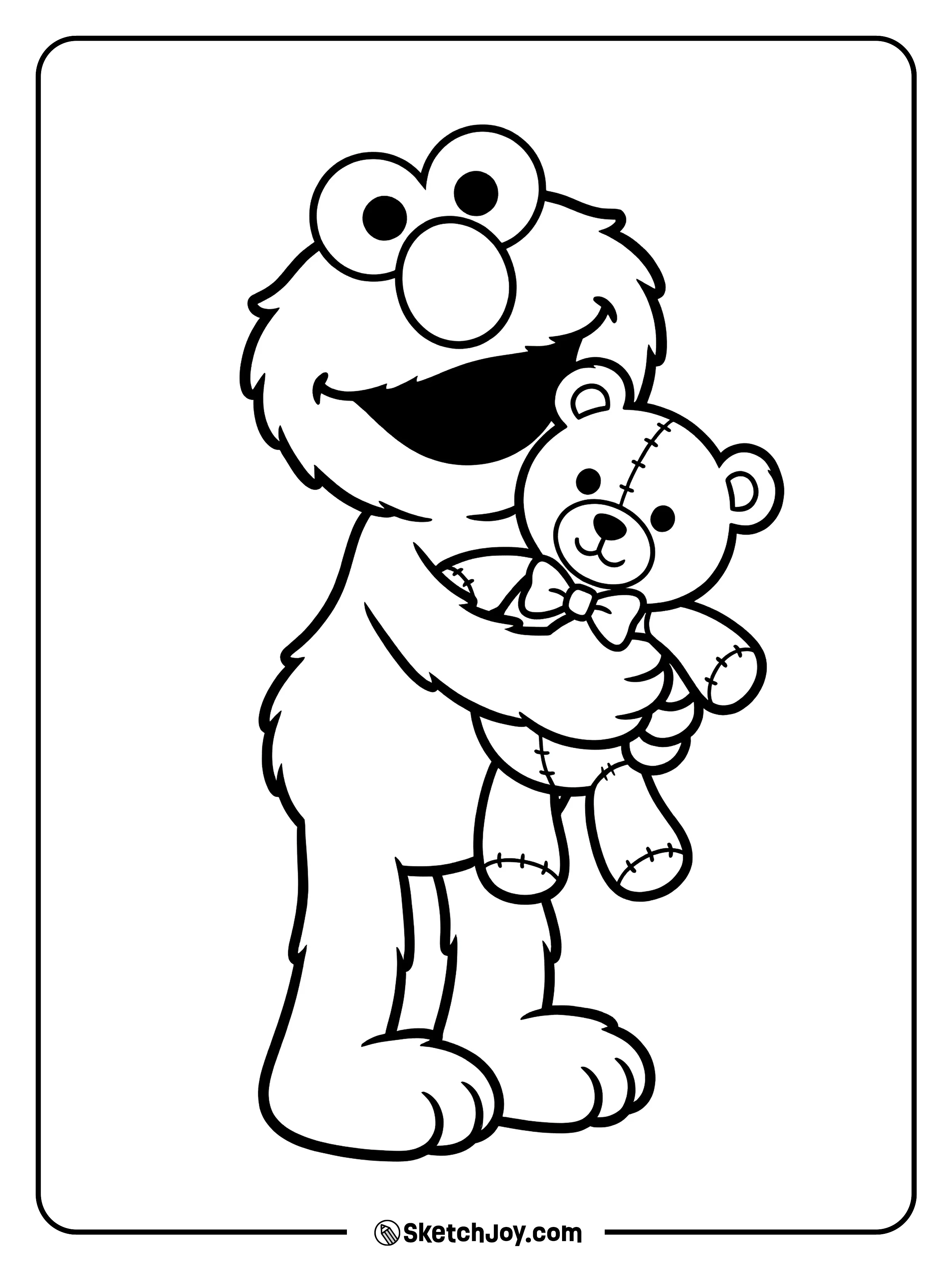 Elmo hugs a teddy bear with a sweet smile.