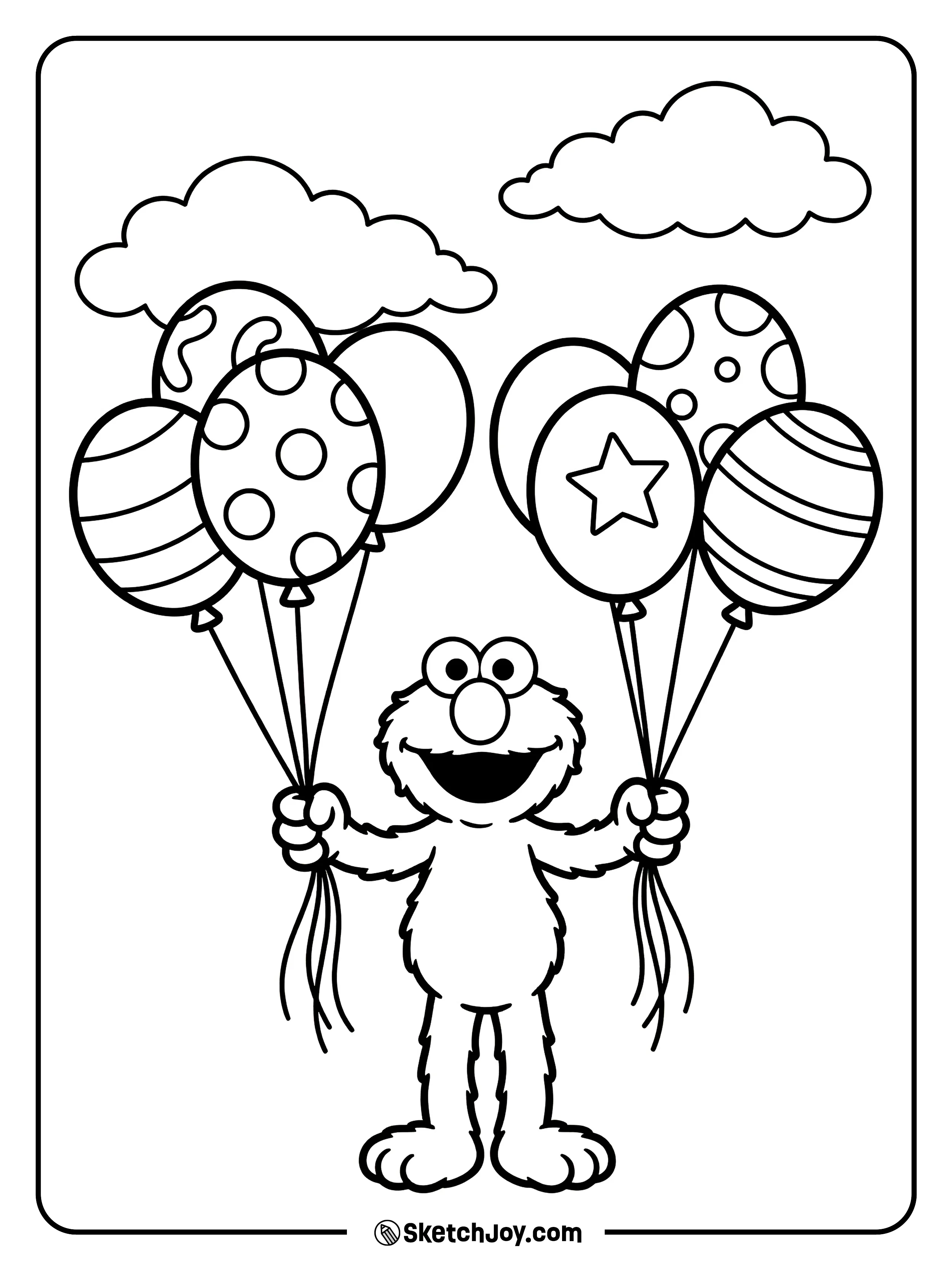 Elmo holds a bunch of balloons and looks excited.