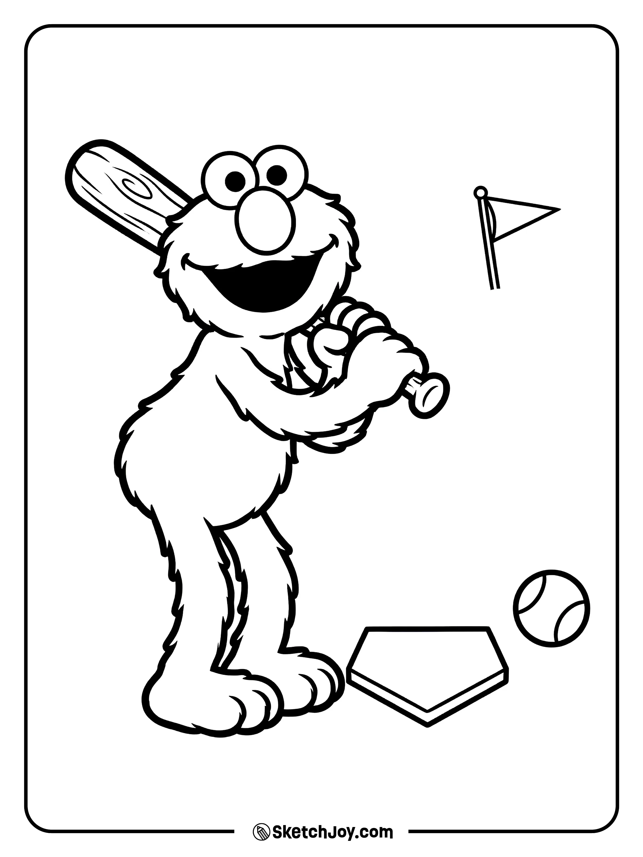 Elmo holds a baseball bat near home plate.
