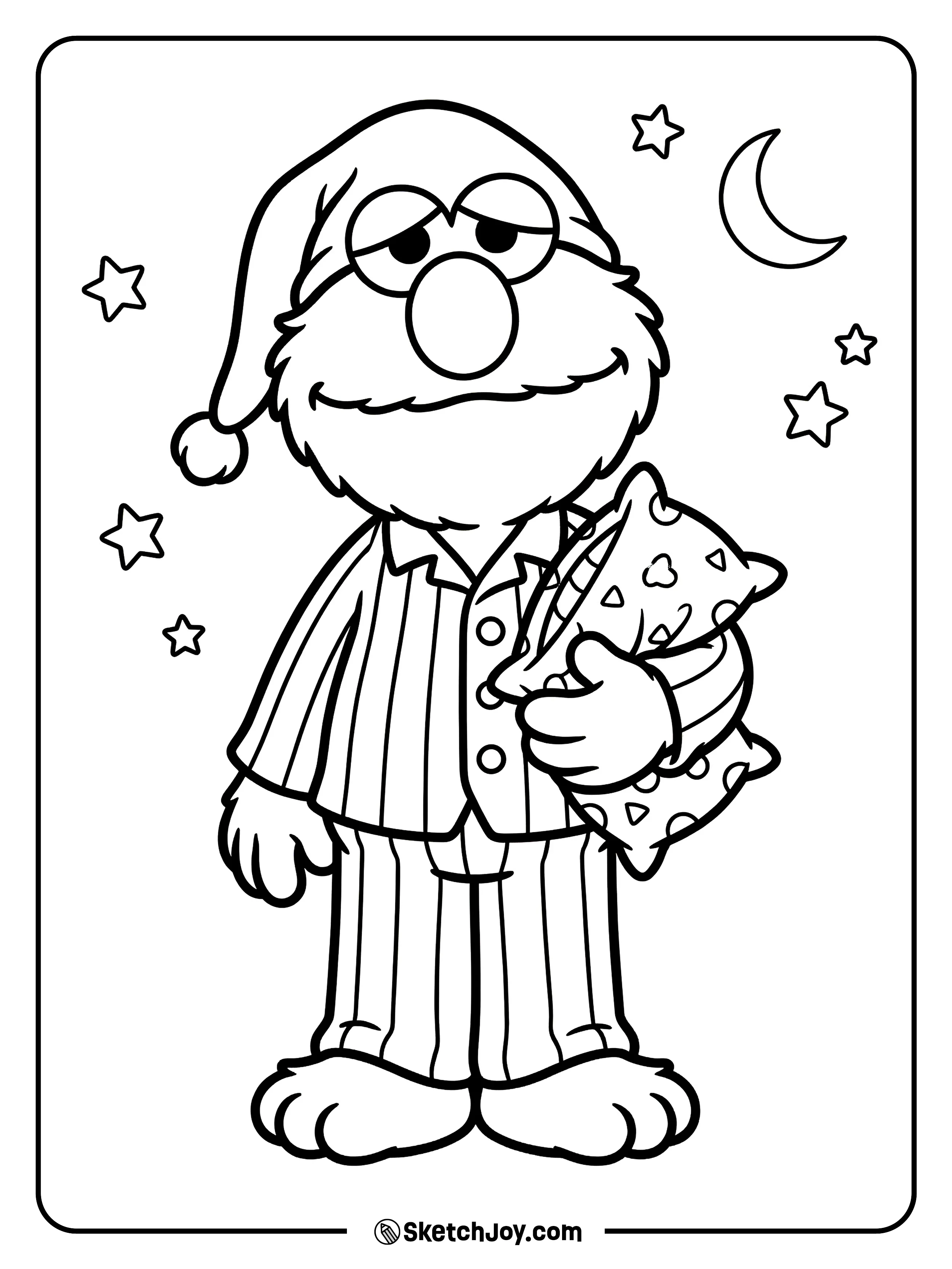 Elmo wears pajamas and holds a small pillow.