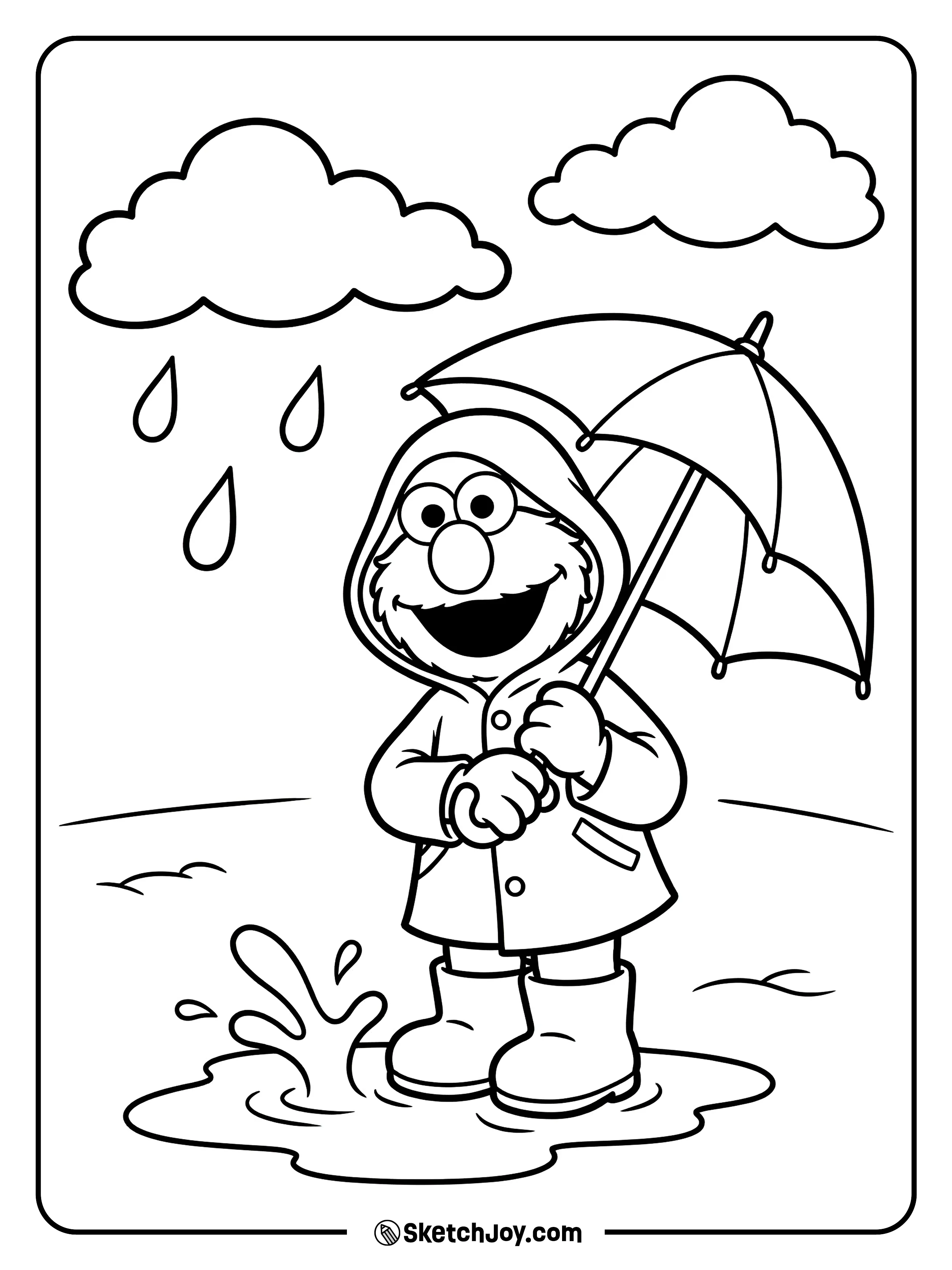Elmo holds an umbrella and steps in a puddle.