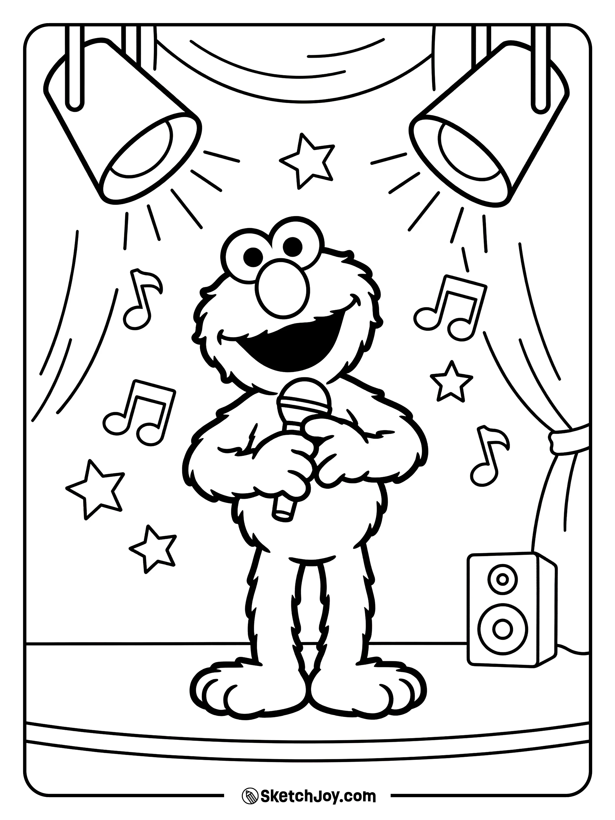 Elmo sings into a microphone on a small stage.
