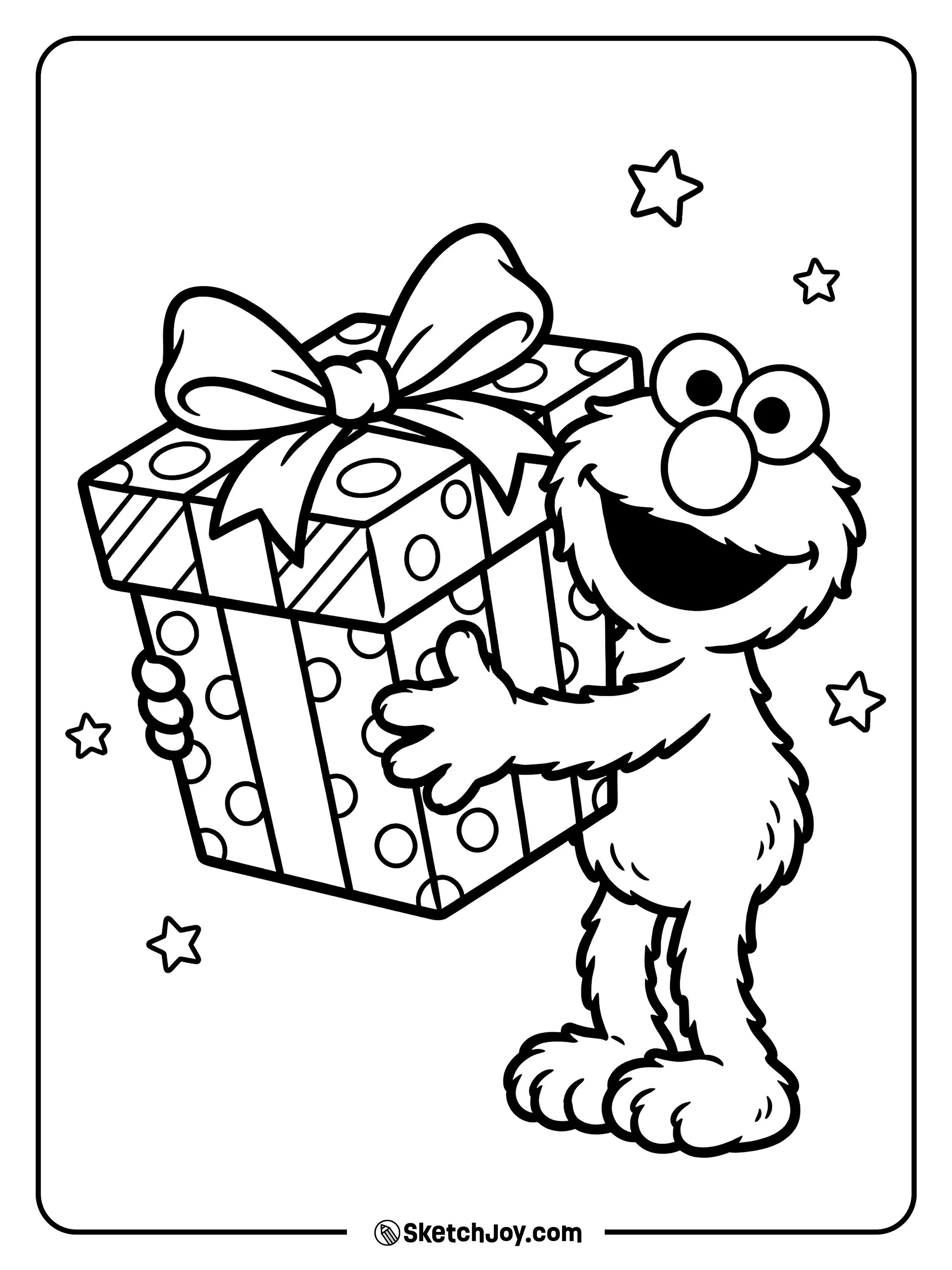 Elmo hugs a big wrapped gift with a huge bow.