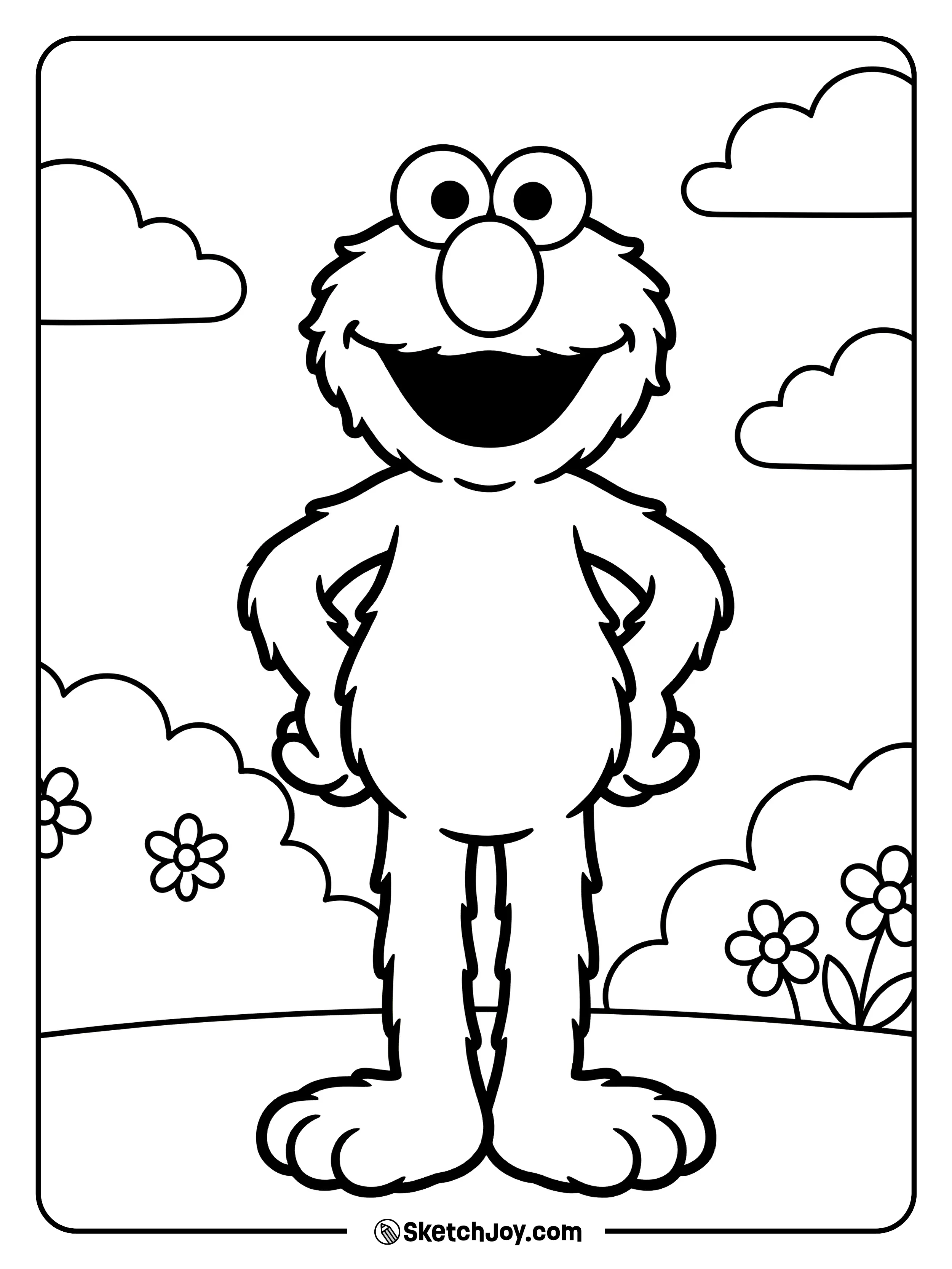 Elmo stands with hands on hips and a proud smile.