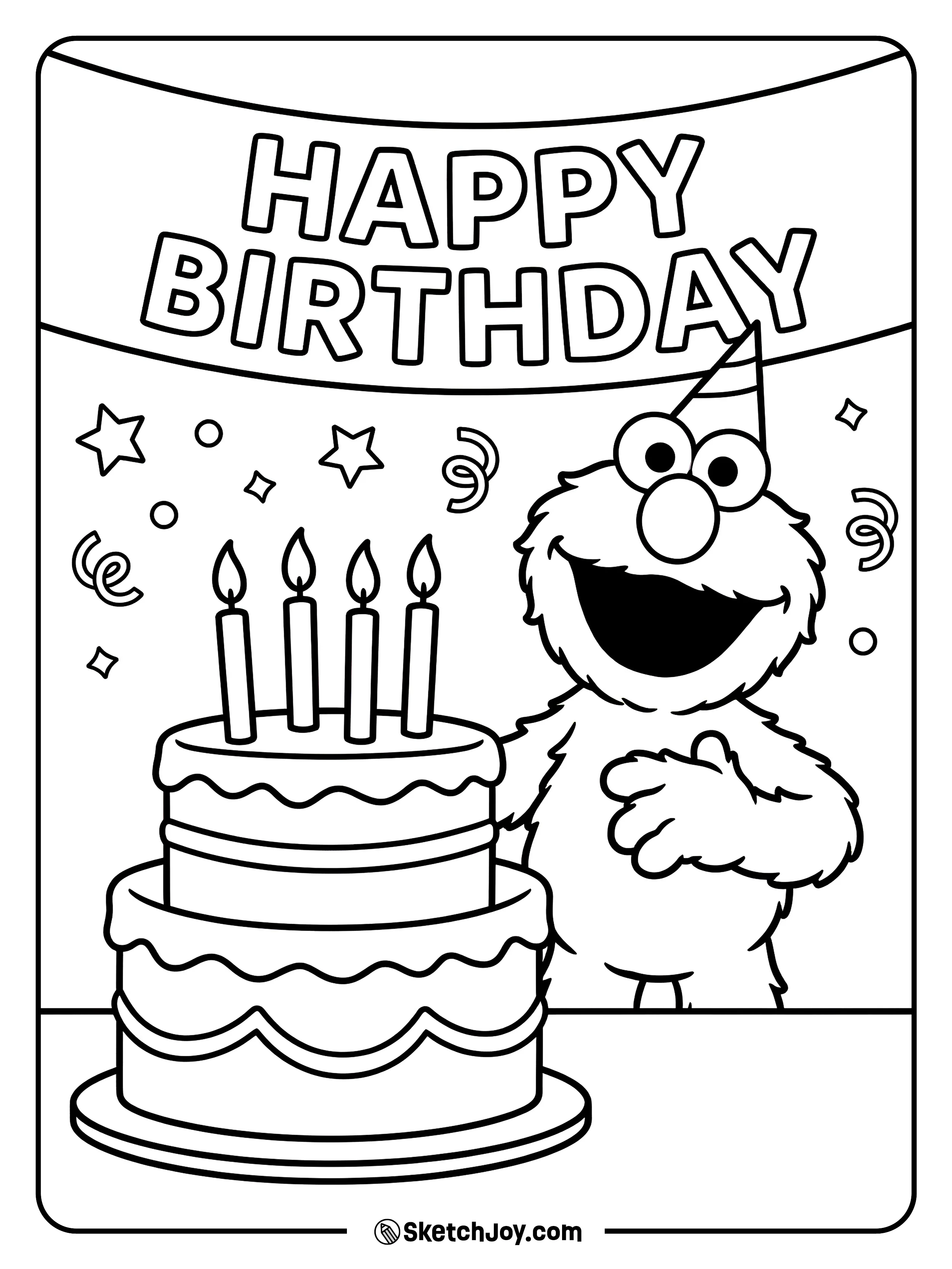 Elmo stands by a big cake with candles and a party hat.