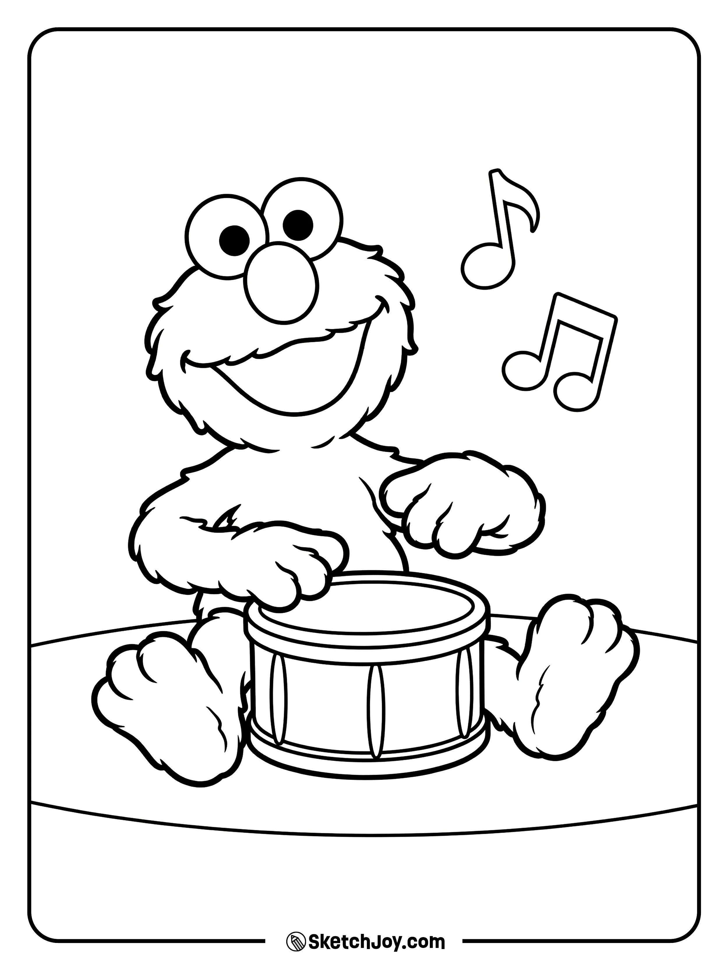 Elmo plays a drum with two drumsticks.