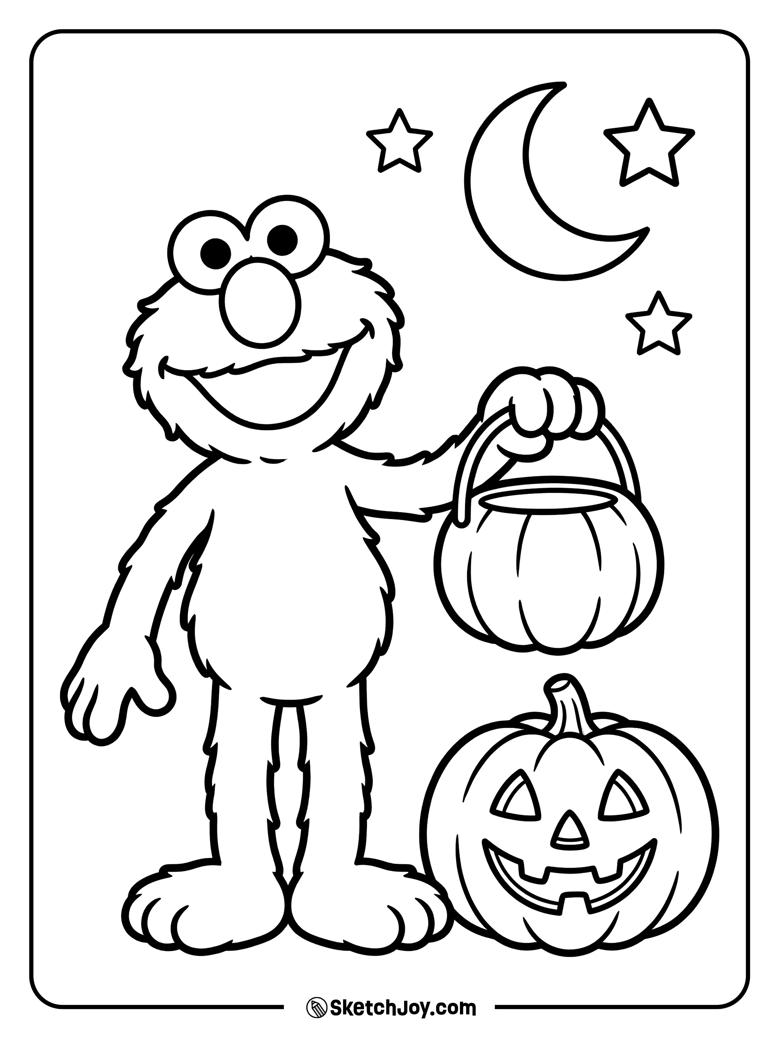 Elmo holds a pumpkin bucket with a happy face on it.
