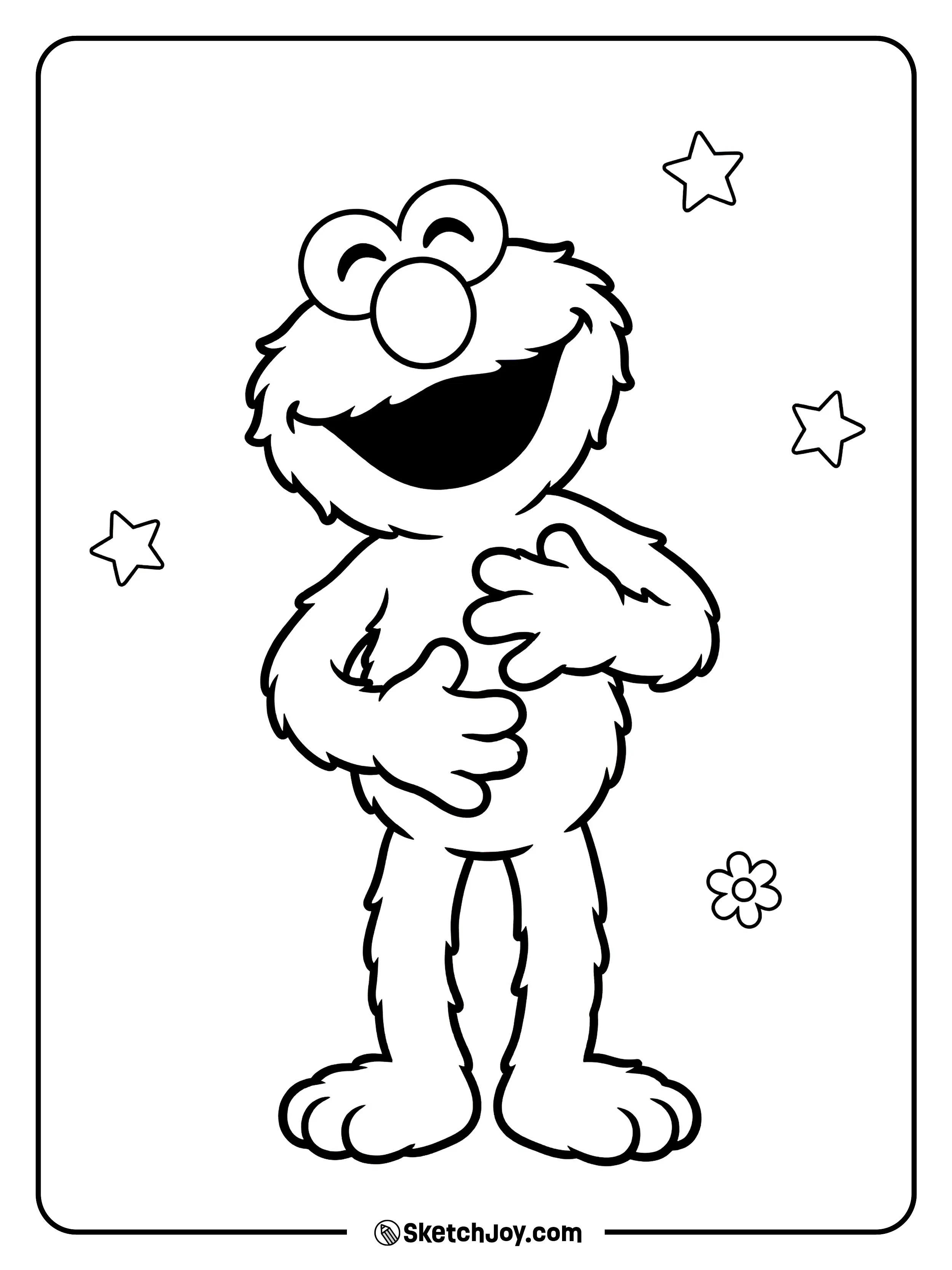 Elmo laughs with both hands on his belly.