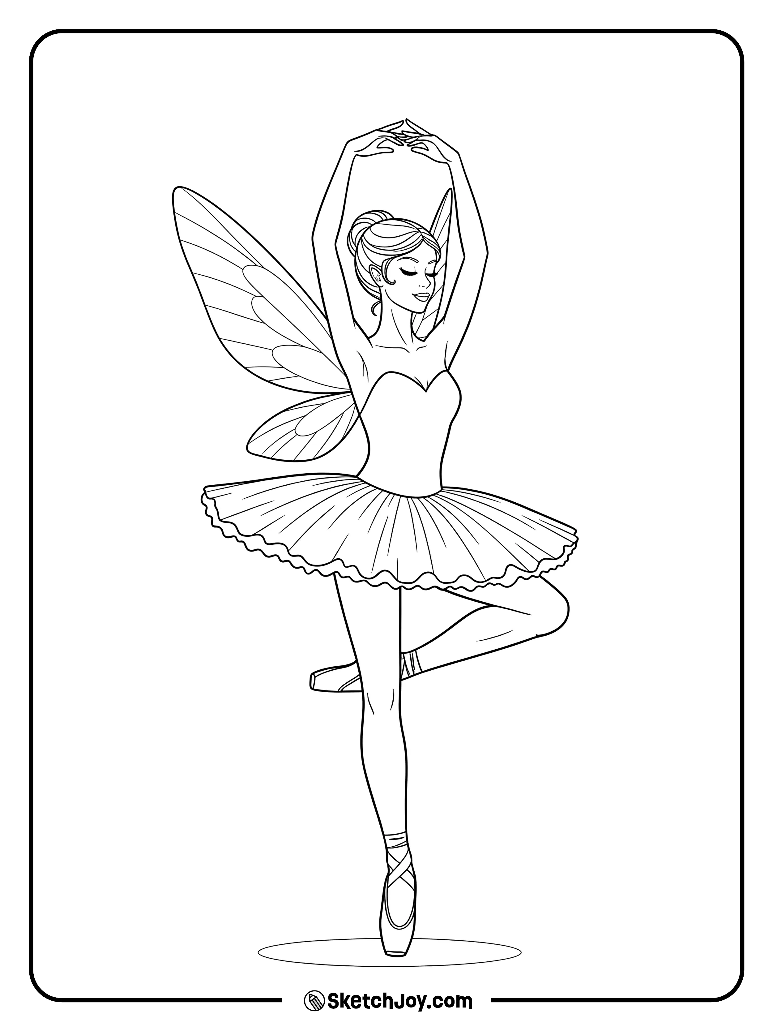 A fairy dances on tiptoe like a ballerina, with a light swirl in her skirt.