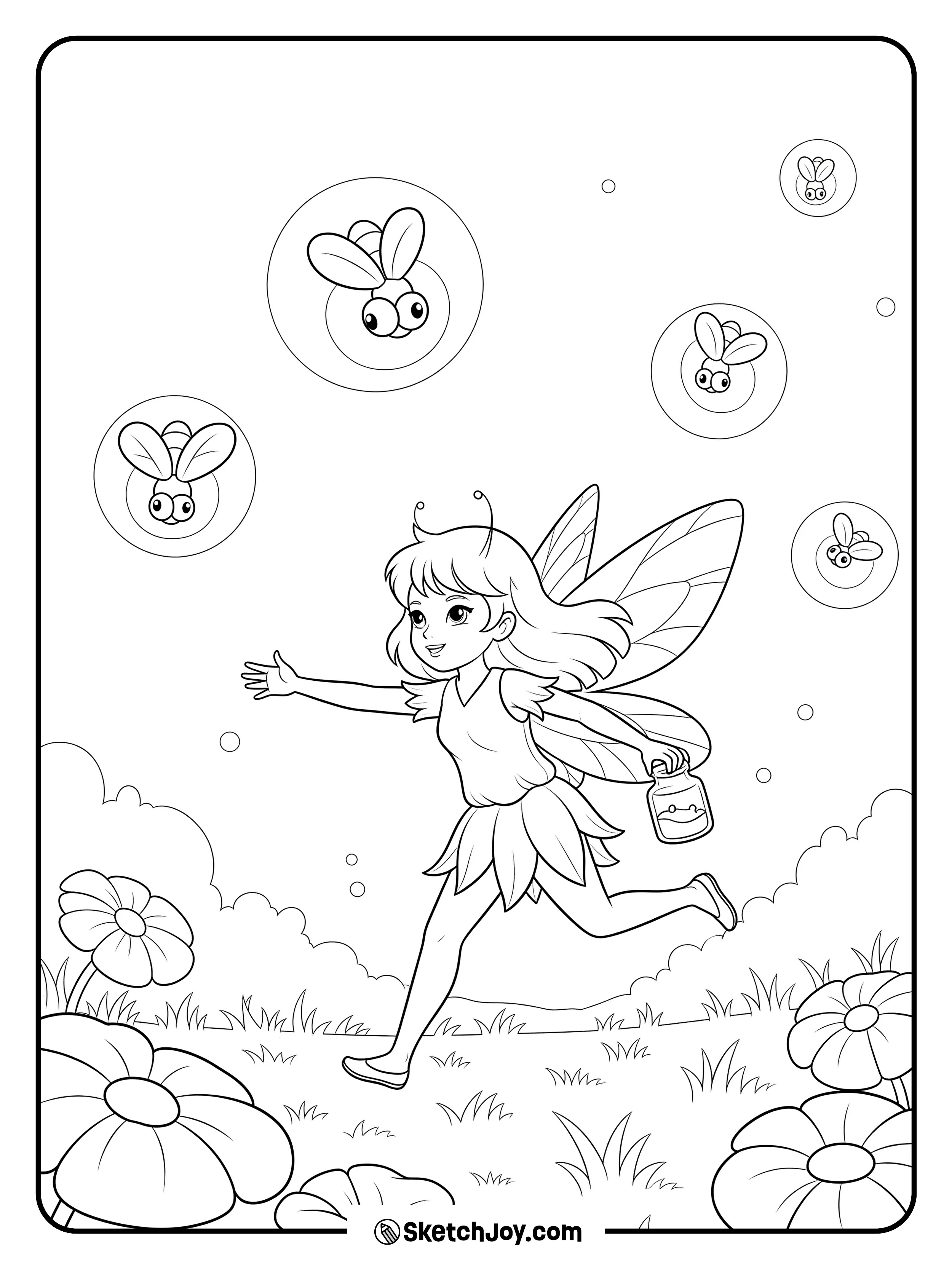 A fairy runs through grass reaching toward glowing fireflies.