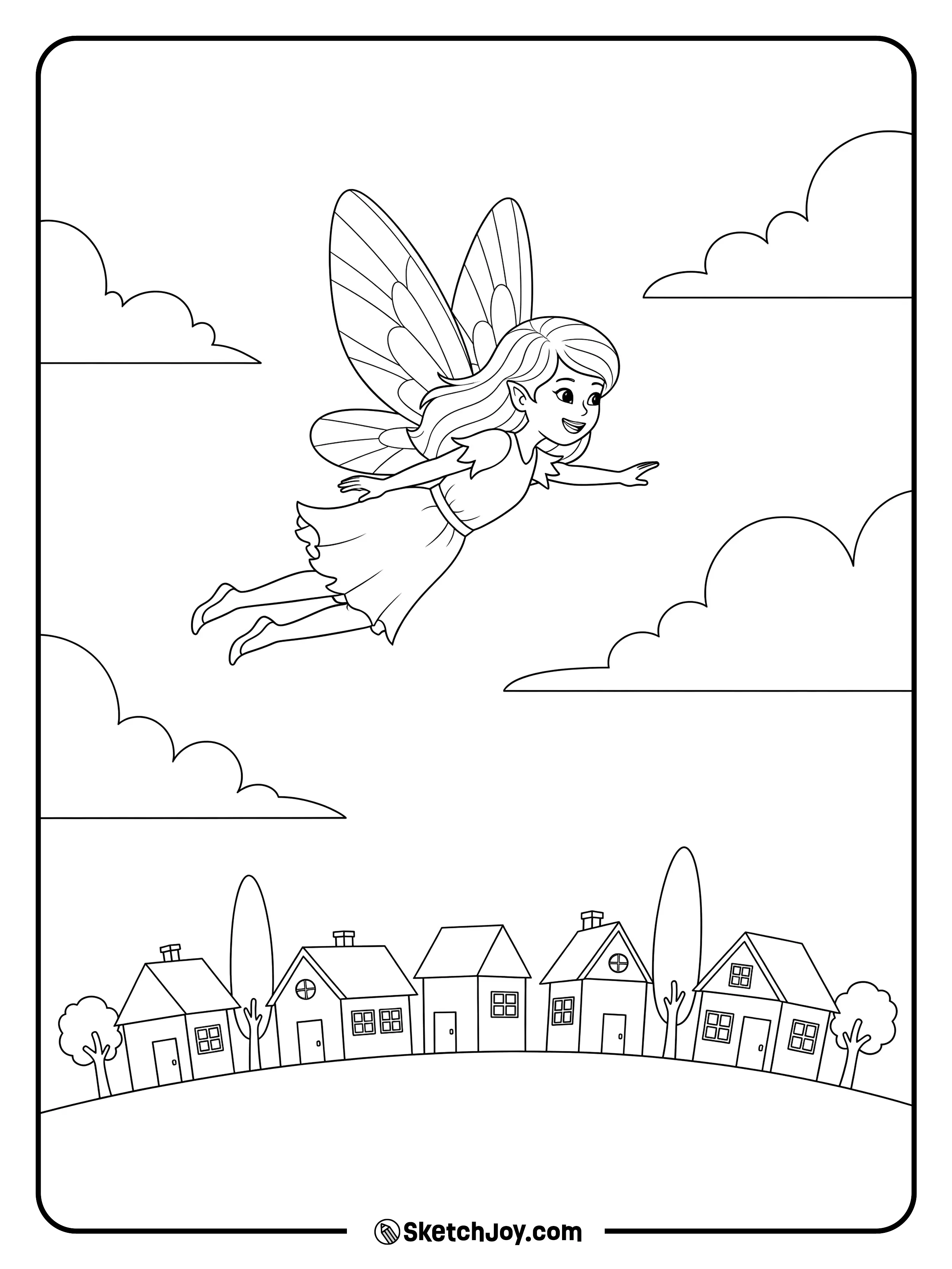 A fairy glides over a tiny village with small houses below her.