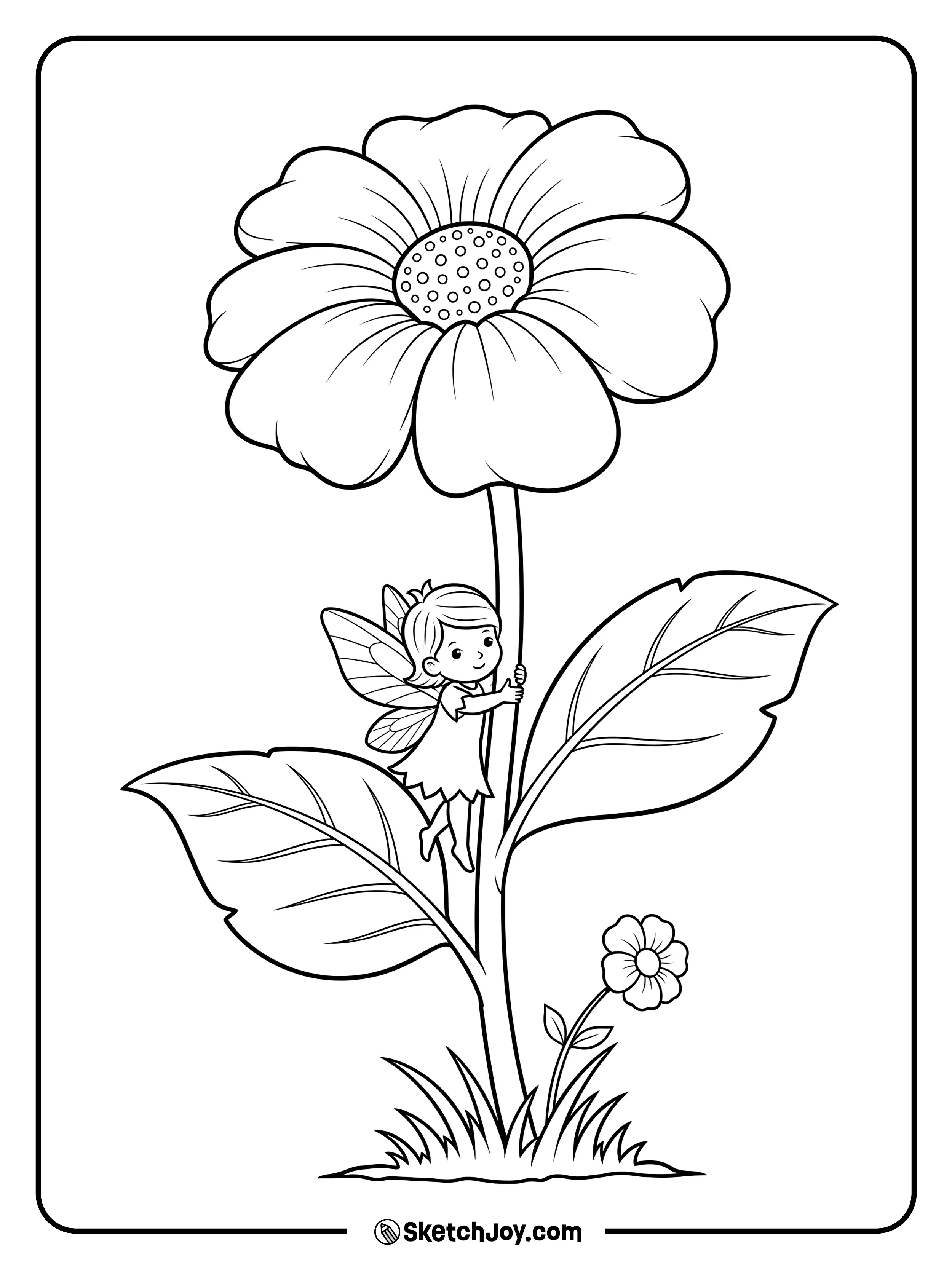 A shy fairy peeks out from behind a huge flower stem.