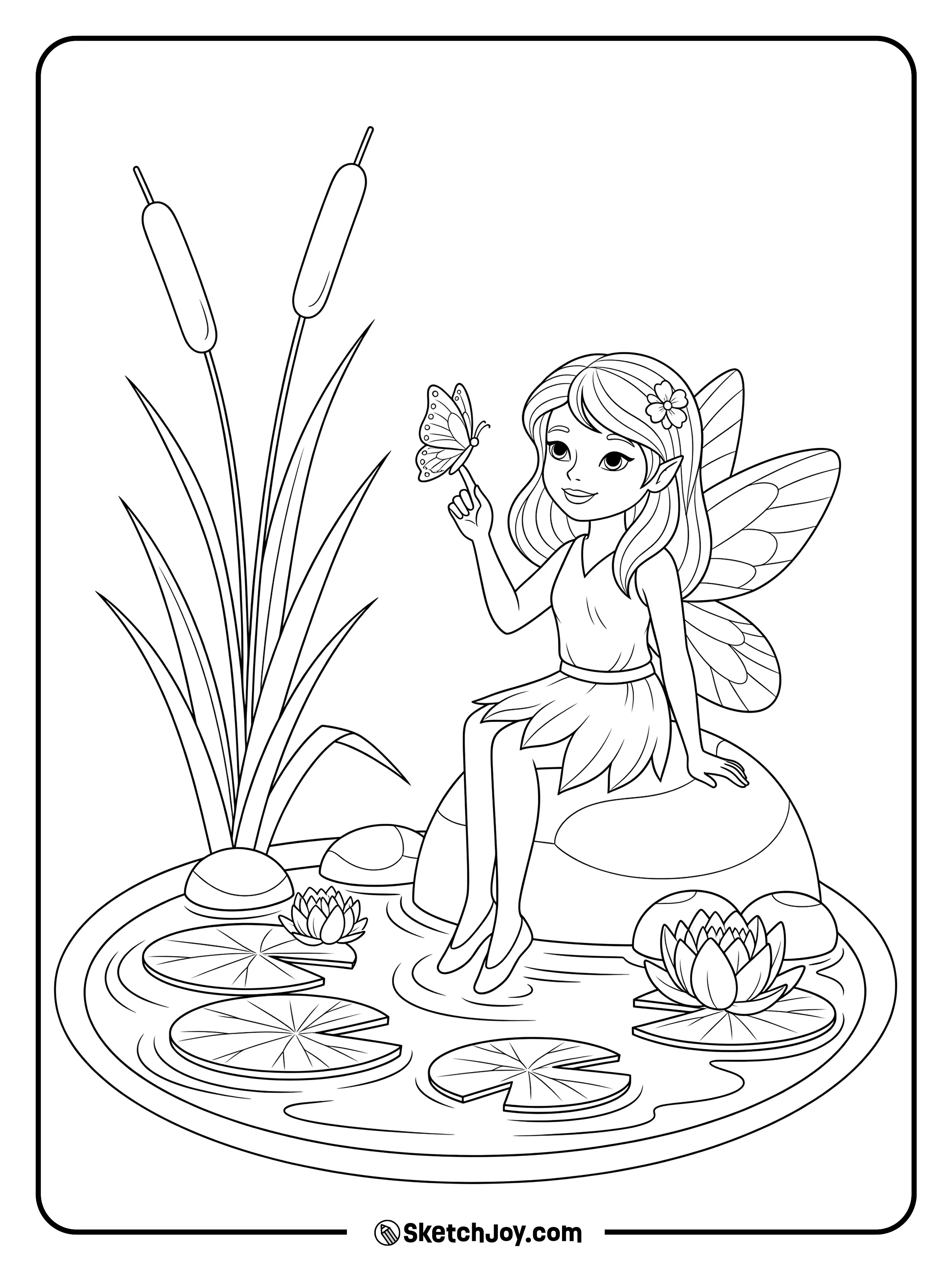 A fairy sits by a small pond while a butterfly rests on her finger.