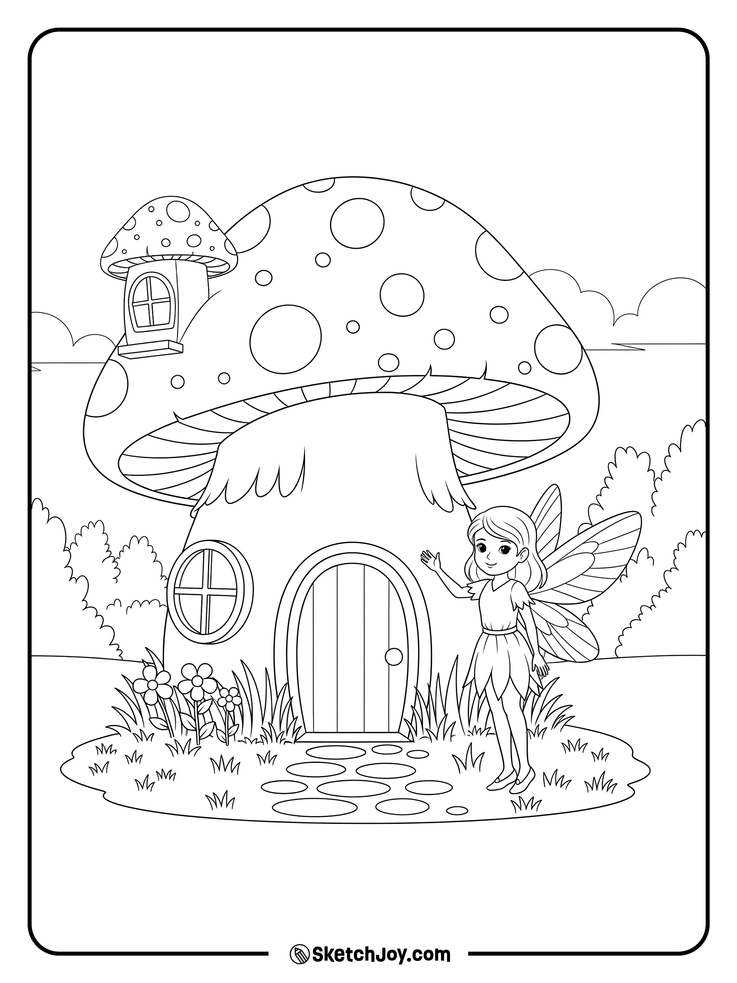 A fairy waves at the round door of a small mushroom house.
