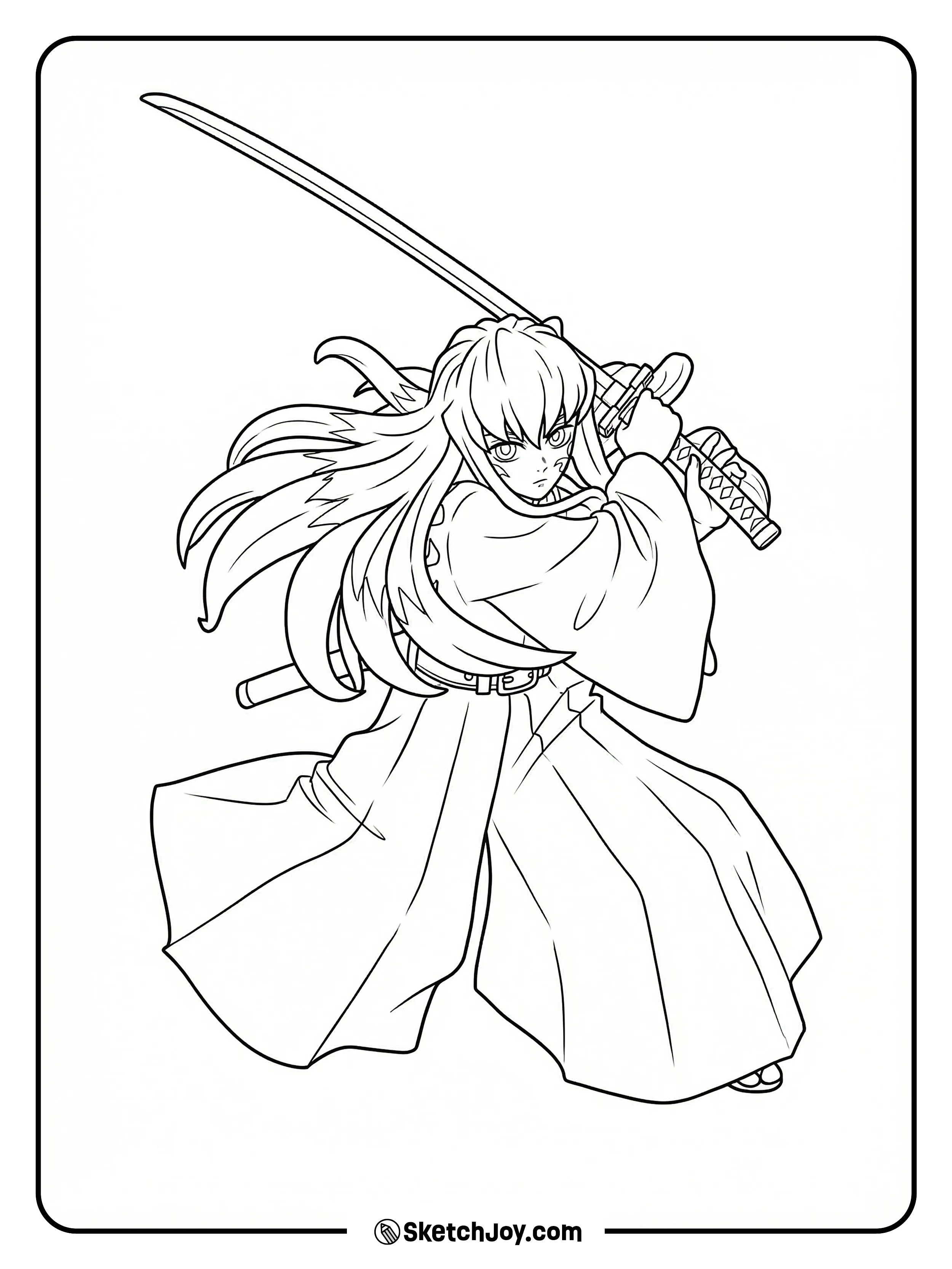 A long-haired swordsman grips his blade with sharp eyes and wide robes spinning in a fast strike.