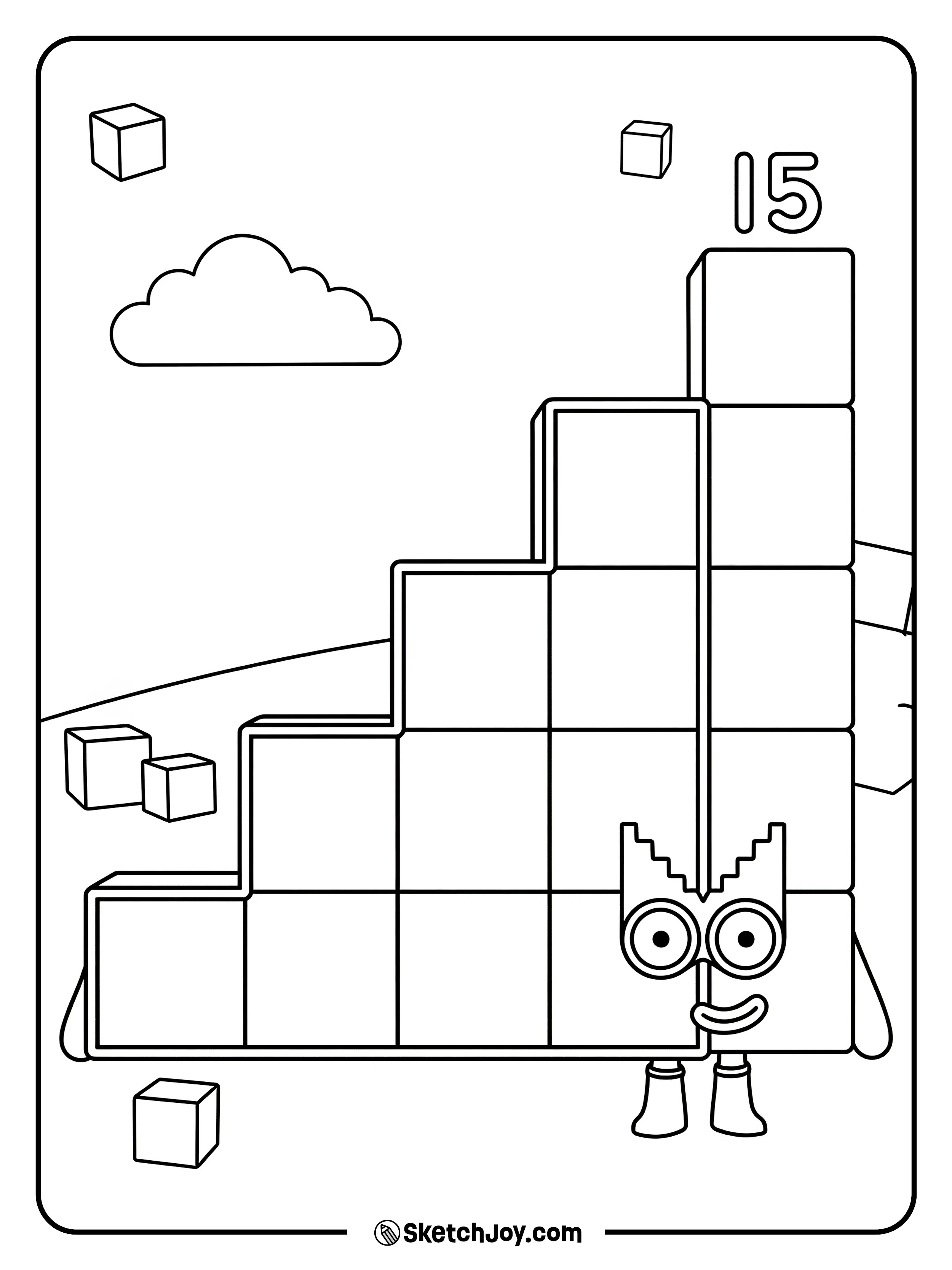 Numberblocks Fifteen builds a step shape and smiles with sharp eyes.