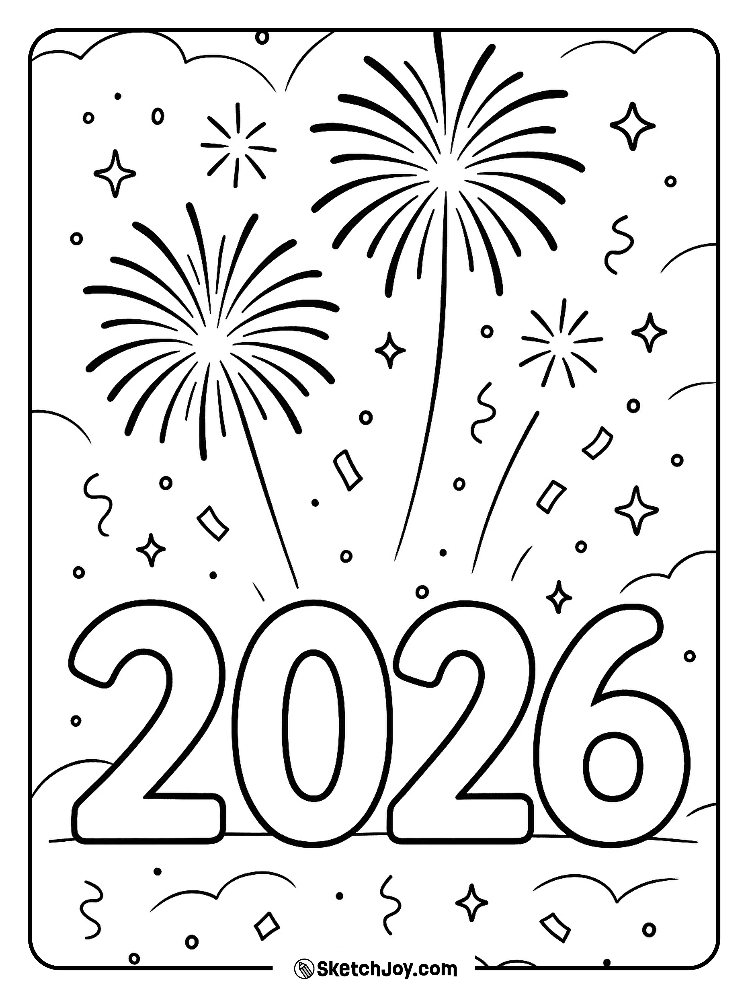 Big 2026 numbers shine under a sky full of fireworks.