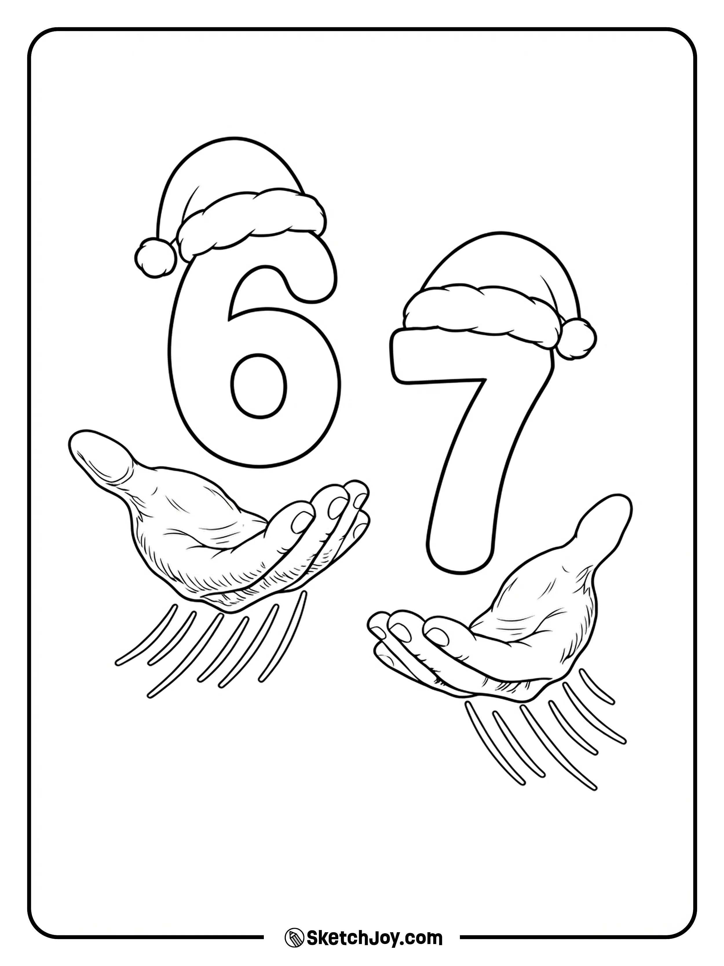 Big 6 and 7 wear Santa hats and hover above open hands with soft motion lines under each hand.