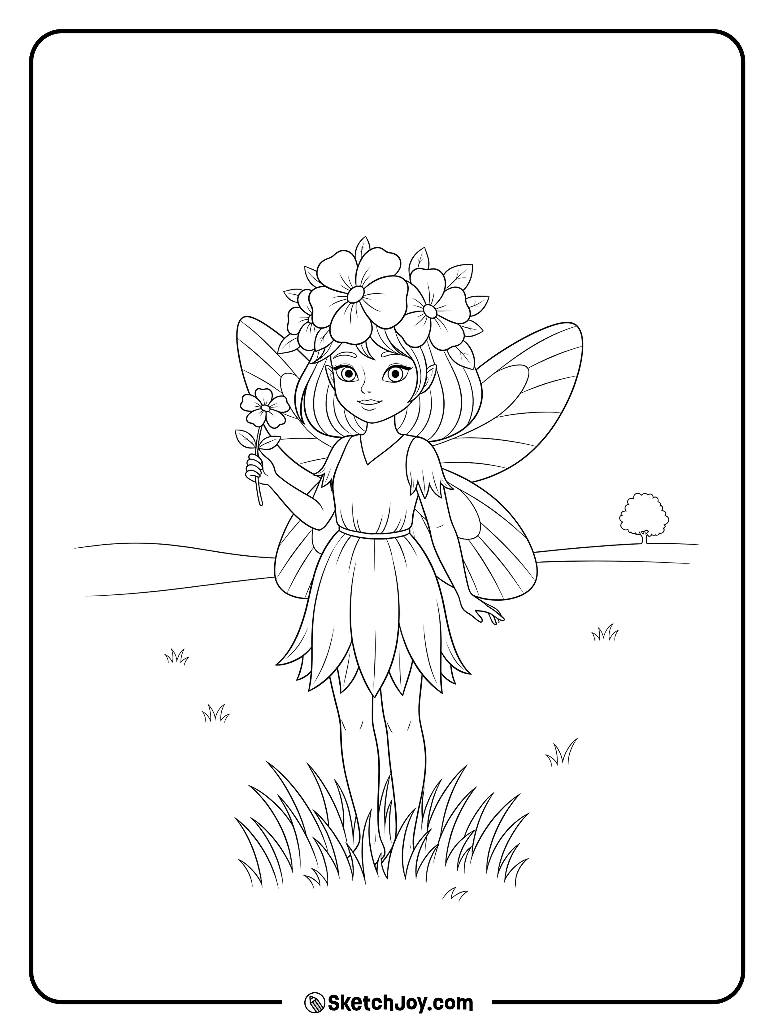 A fairy with a flower crown stands in a quiet field of tall grass.