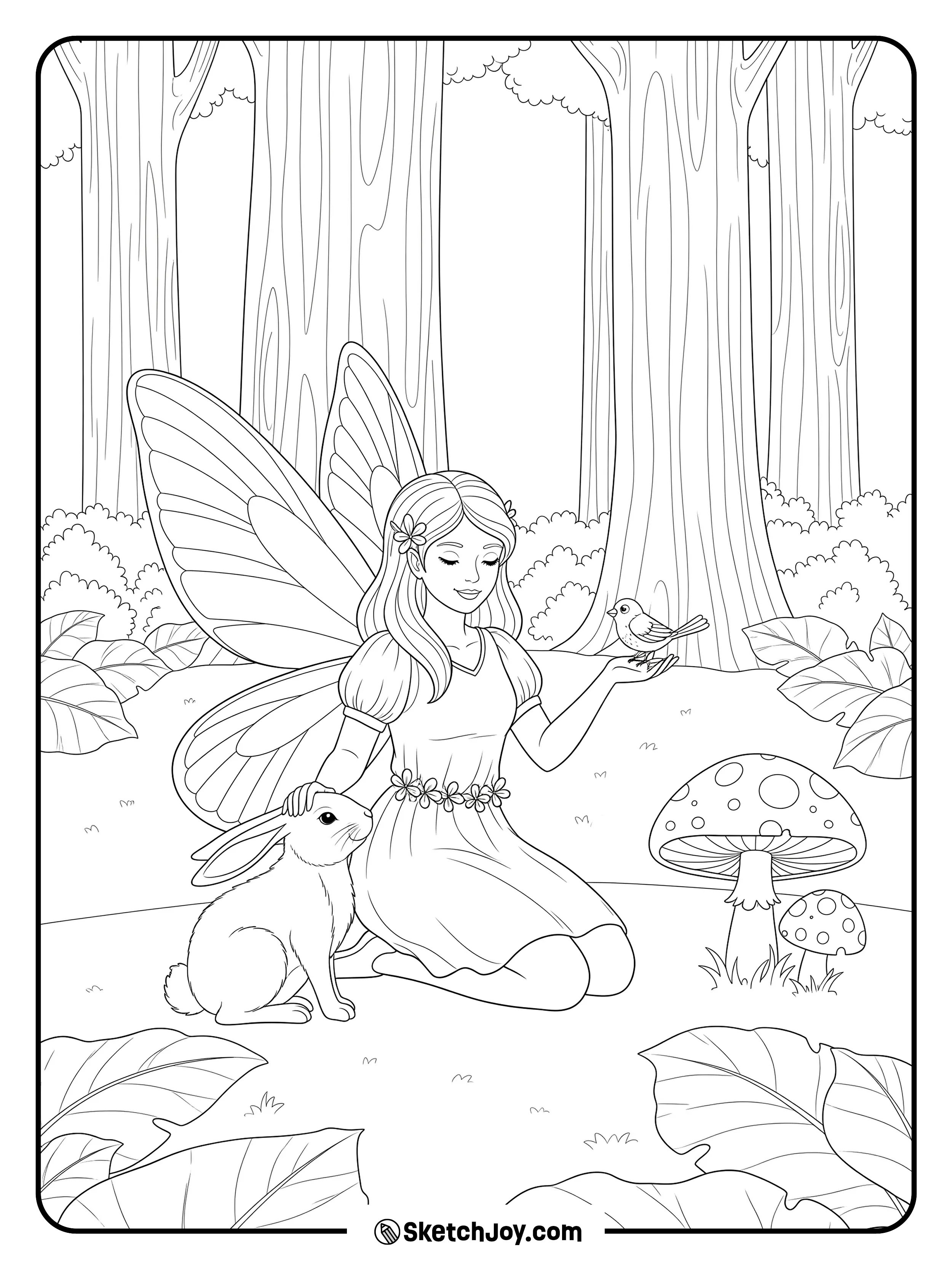 A forest fairy kneels to greet a rabbit and a small bird in the woods.