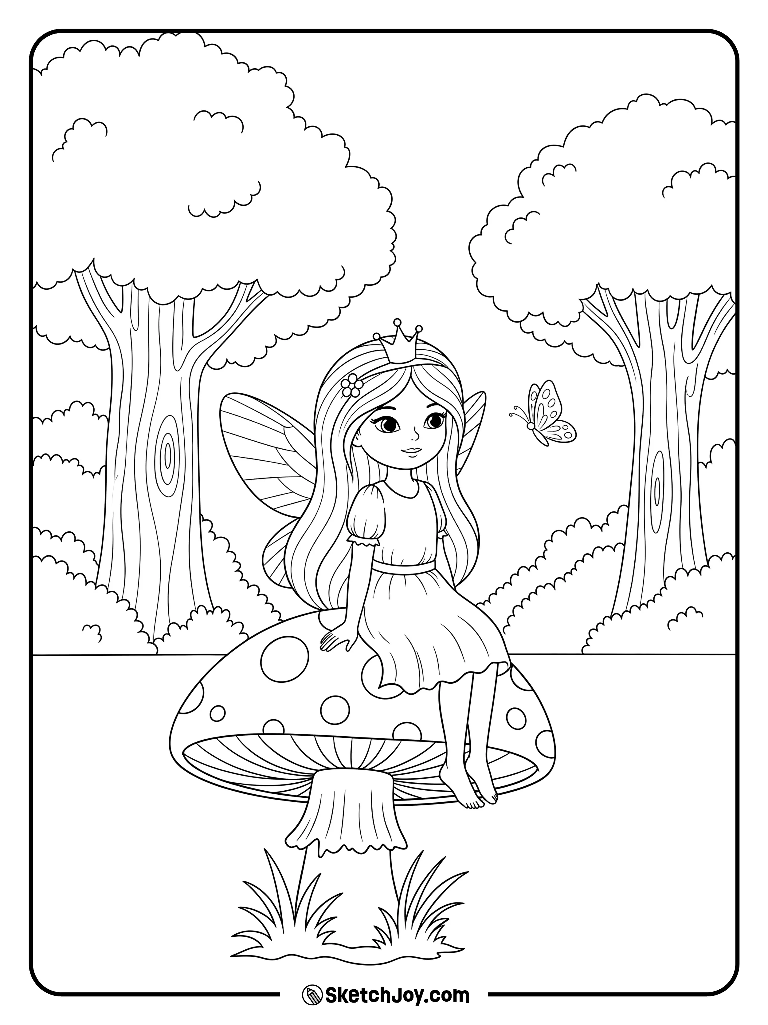 A calm fairy sits on a big spotted mushroom in a quiet forest corner.