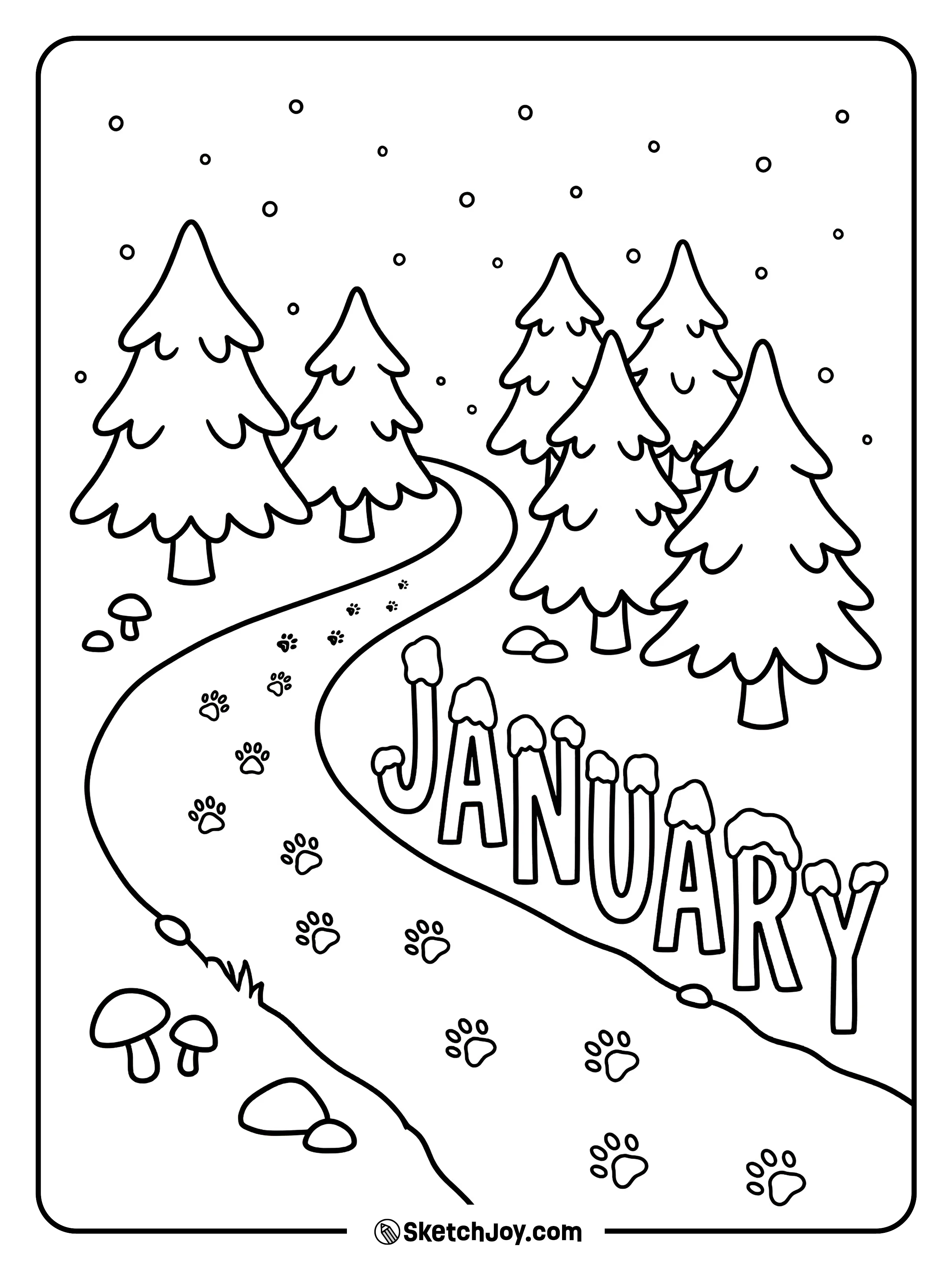 Animal tracks lead past snow-cap JANUARY letters in the woods.