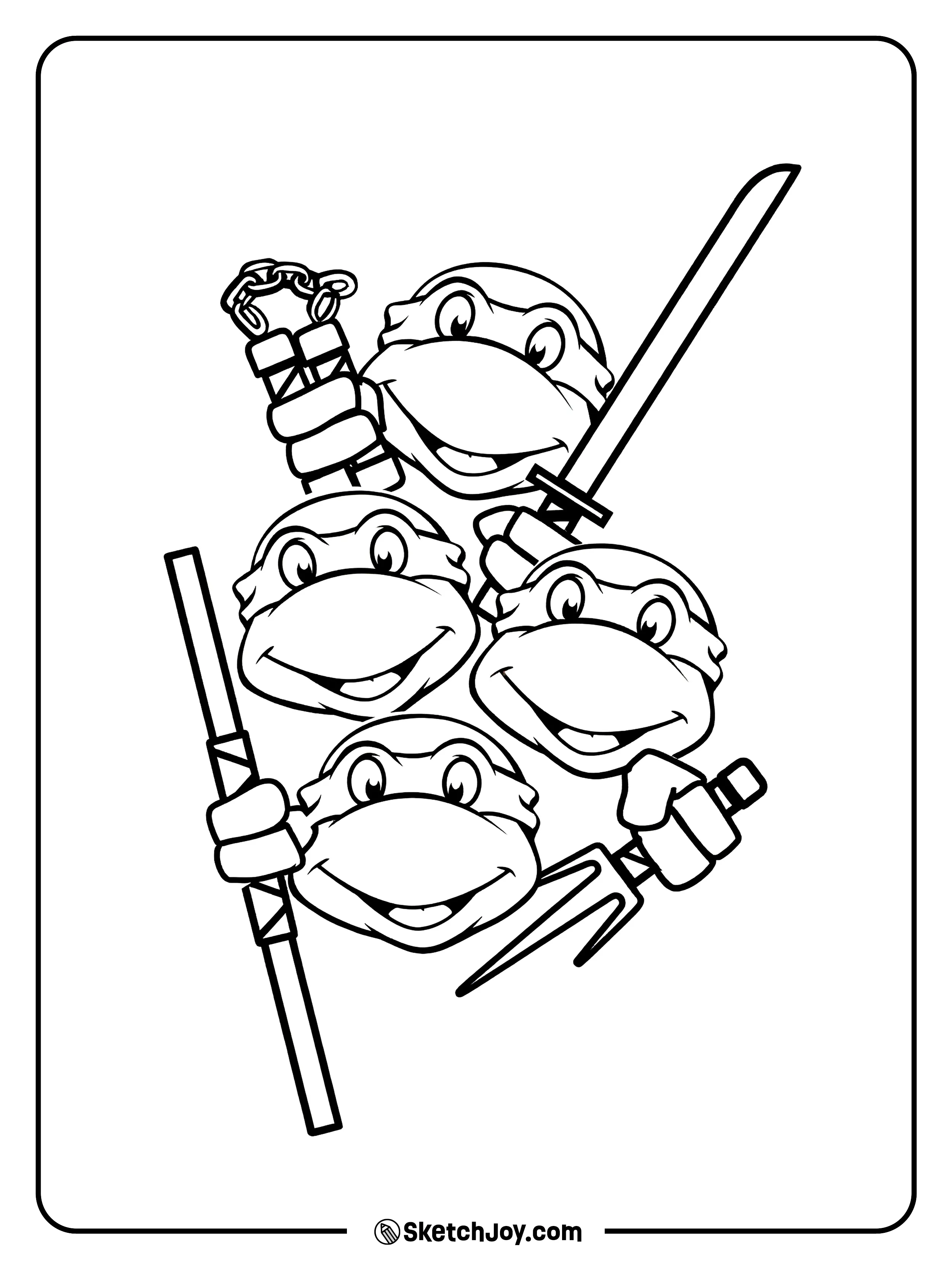 The four Ninja Turtles stack their smiling faces while each one holds a different weapon up beside them.