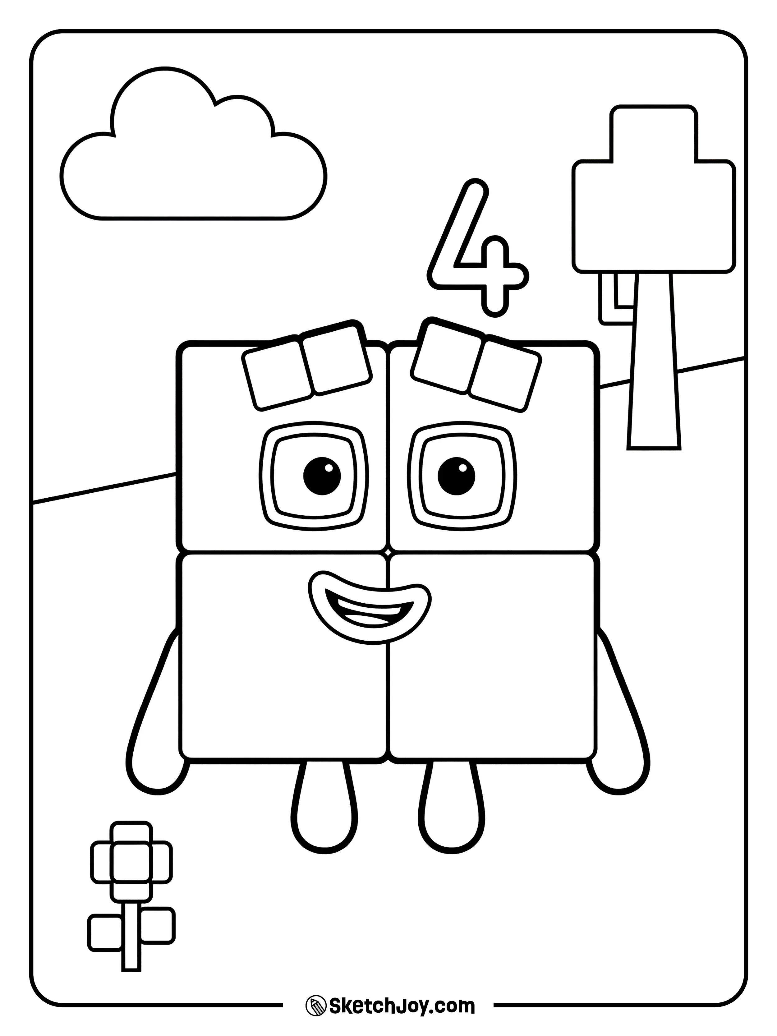 Numberblocks Four shows four neat blocks and a happy face for coloring fun.