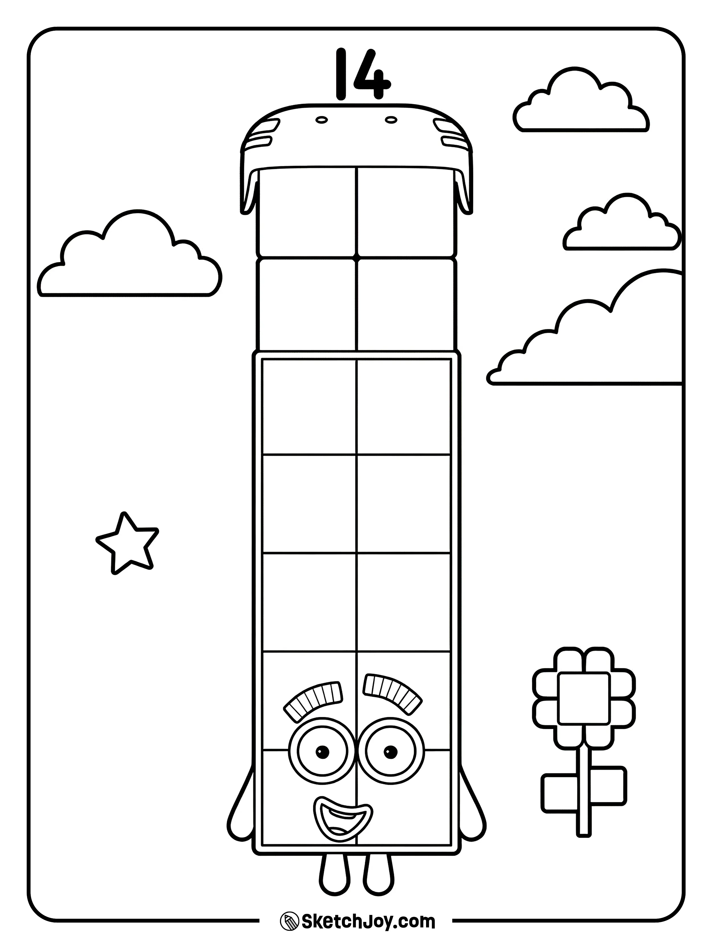 Numberblocks Fourteen wears a cool helmet and grins with bright eyes.