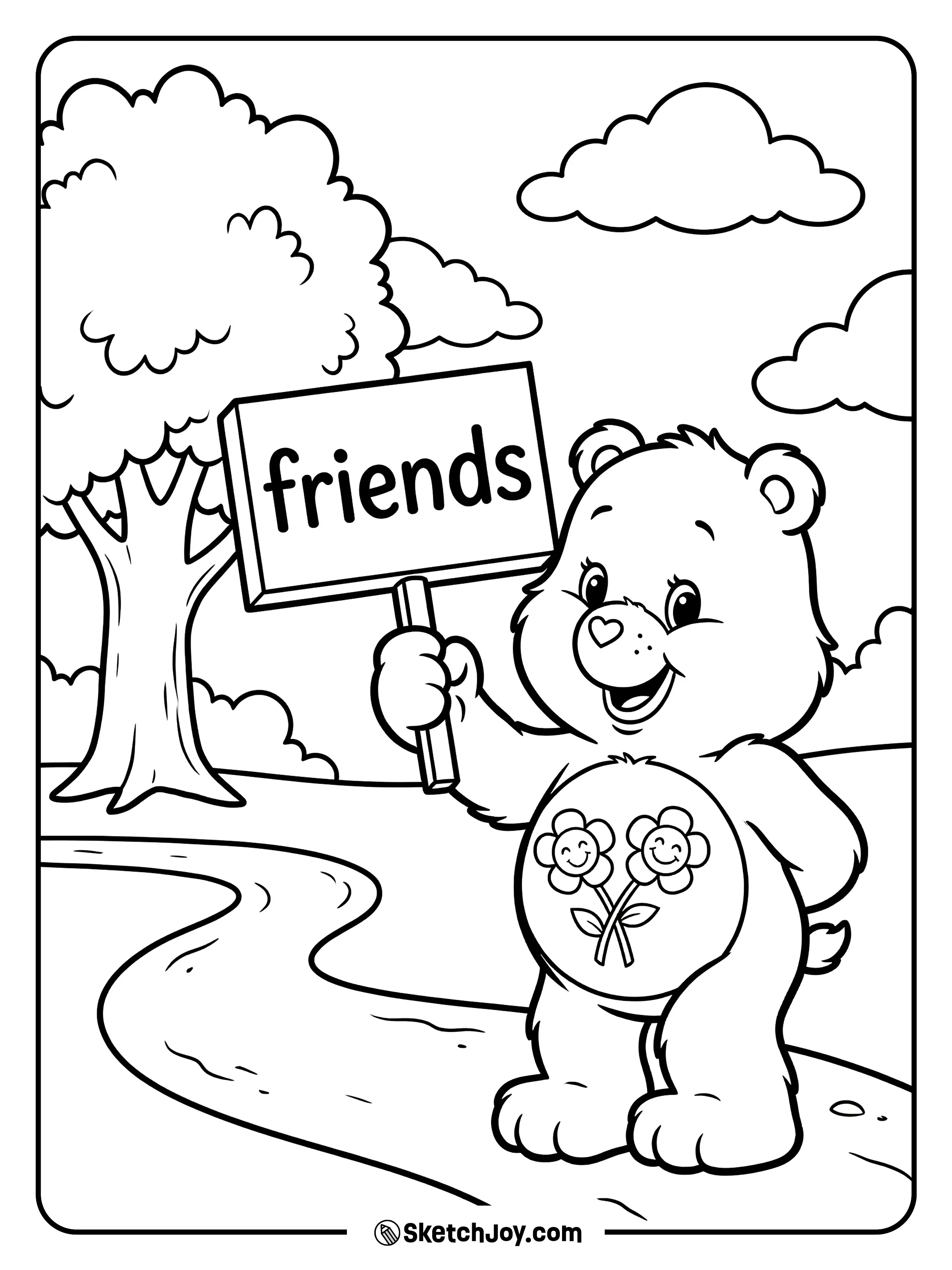 Friend Bear waves while holding a small “friends” sign.