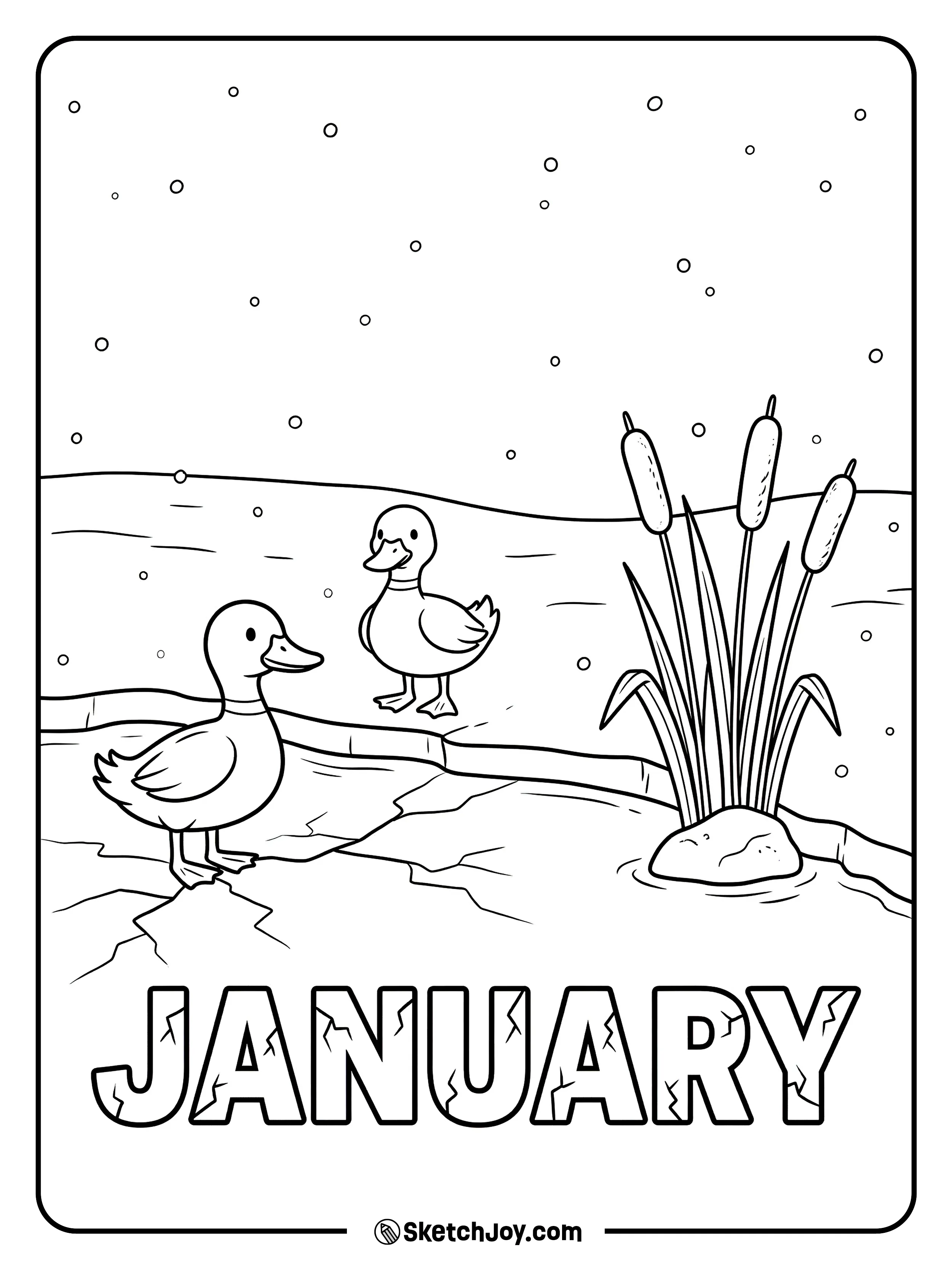 Two ducks stand by a pond with JANUARY carved into the ice.