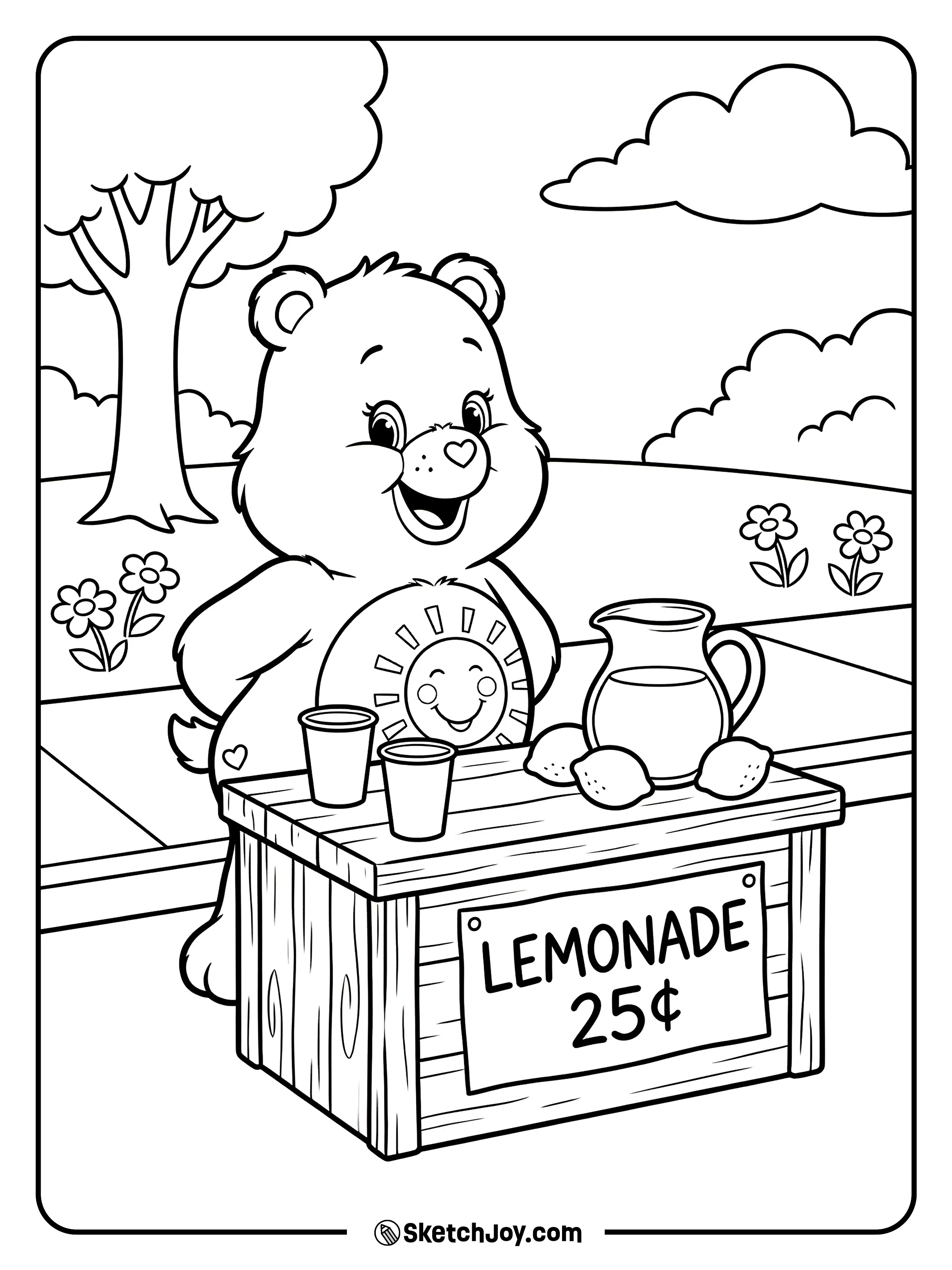 Funshine Bear serves lemonade with a cheerful sign.