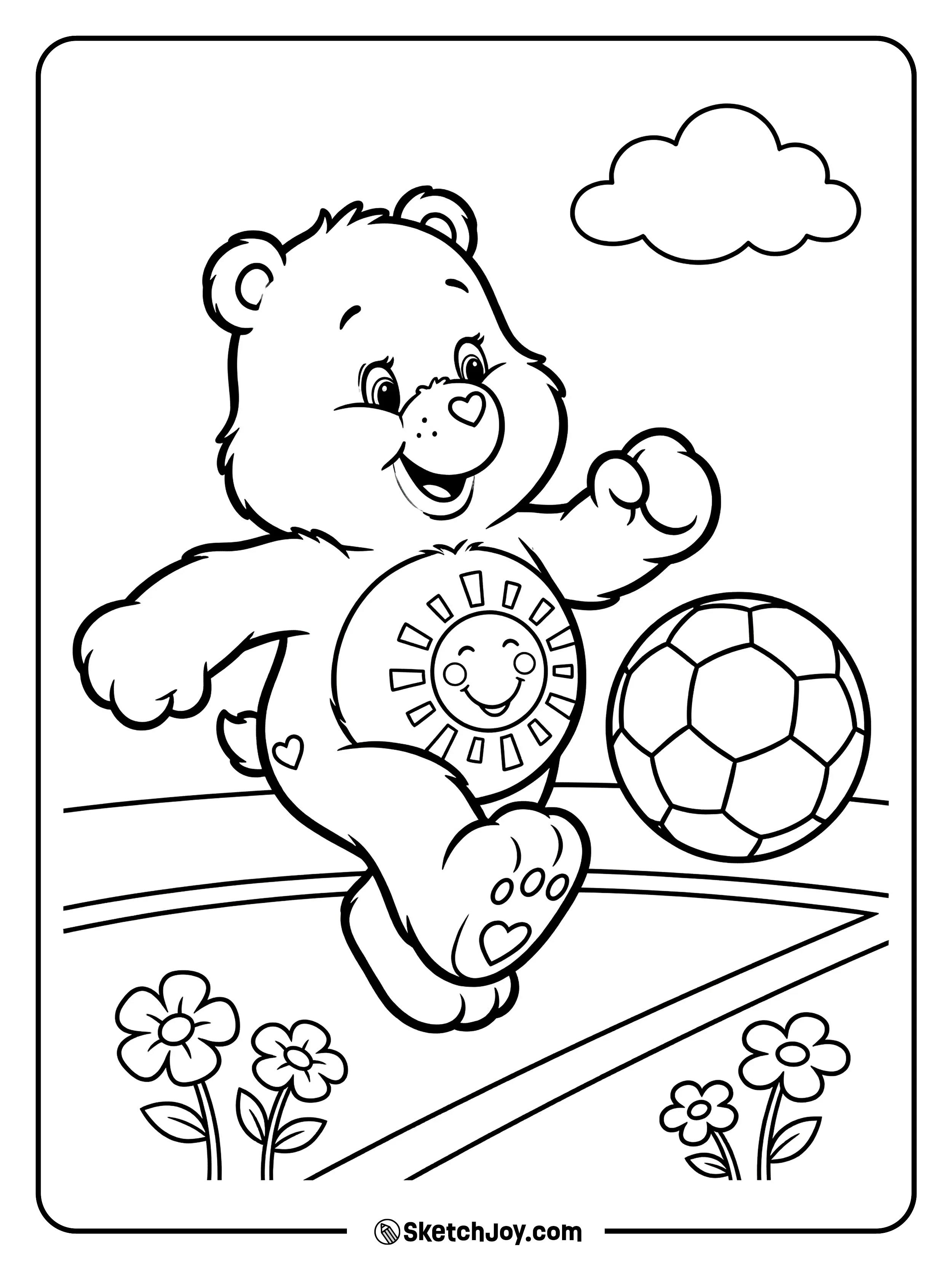 Funshine Bear kicks a soccer ball on a simple grassy field.