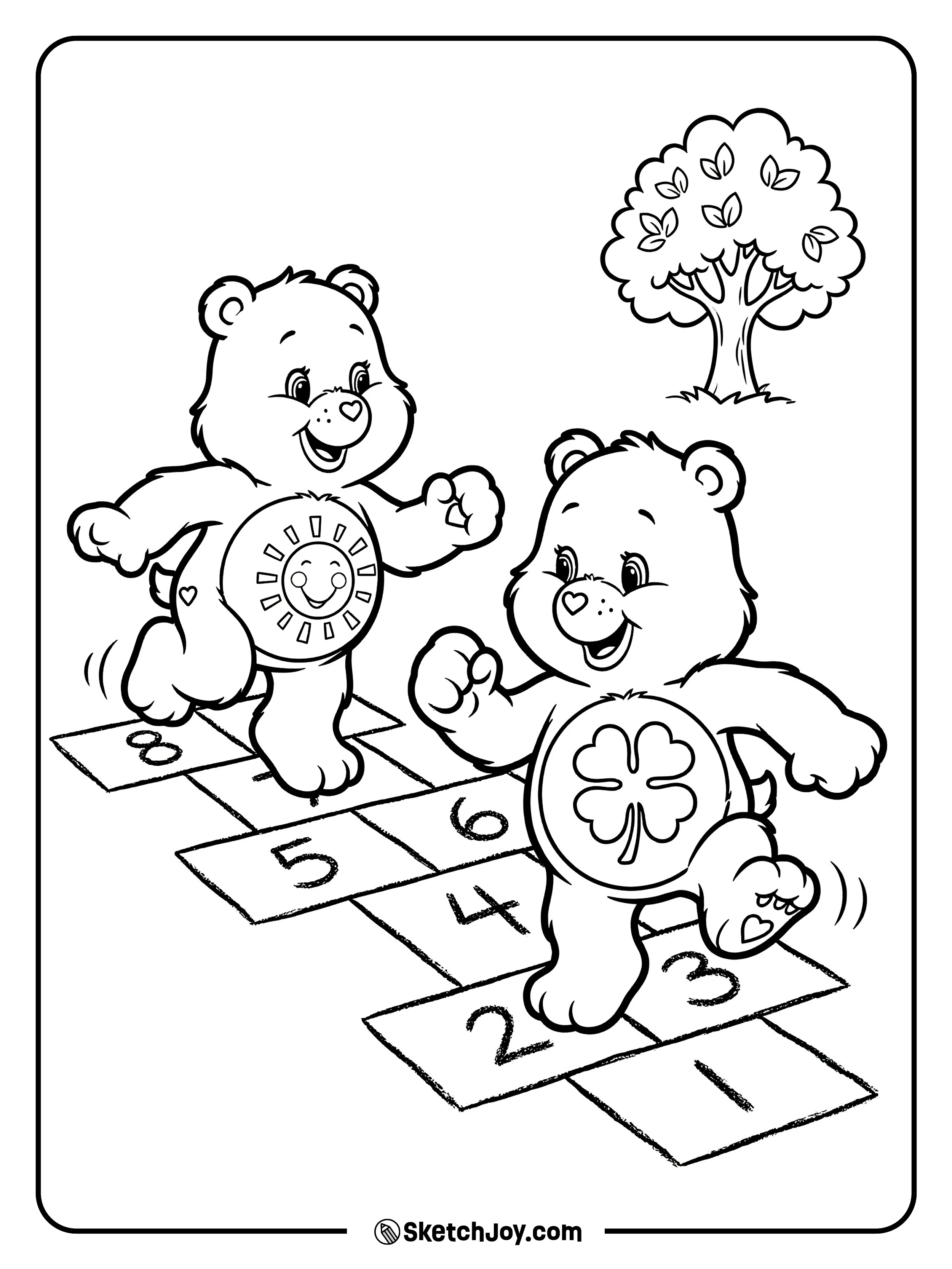 Funshine Bear and Good Luck Bear play a simple hop game.