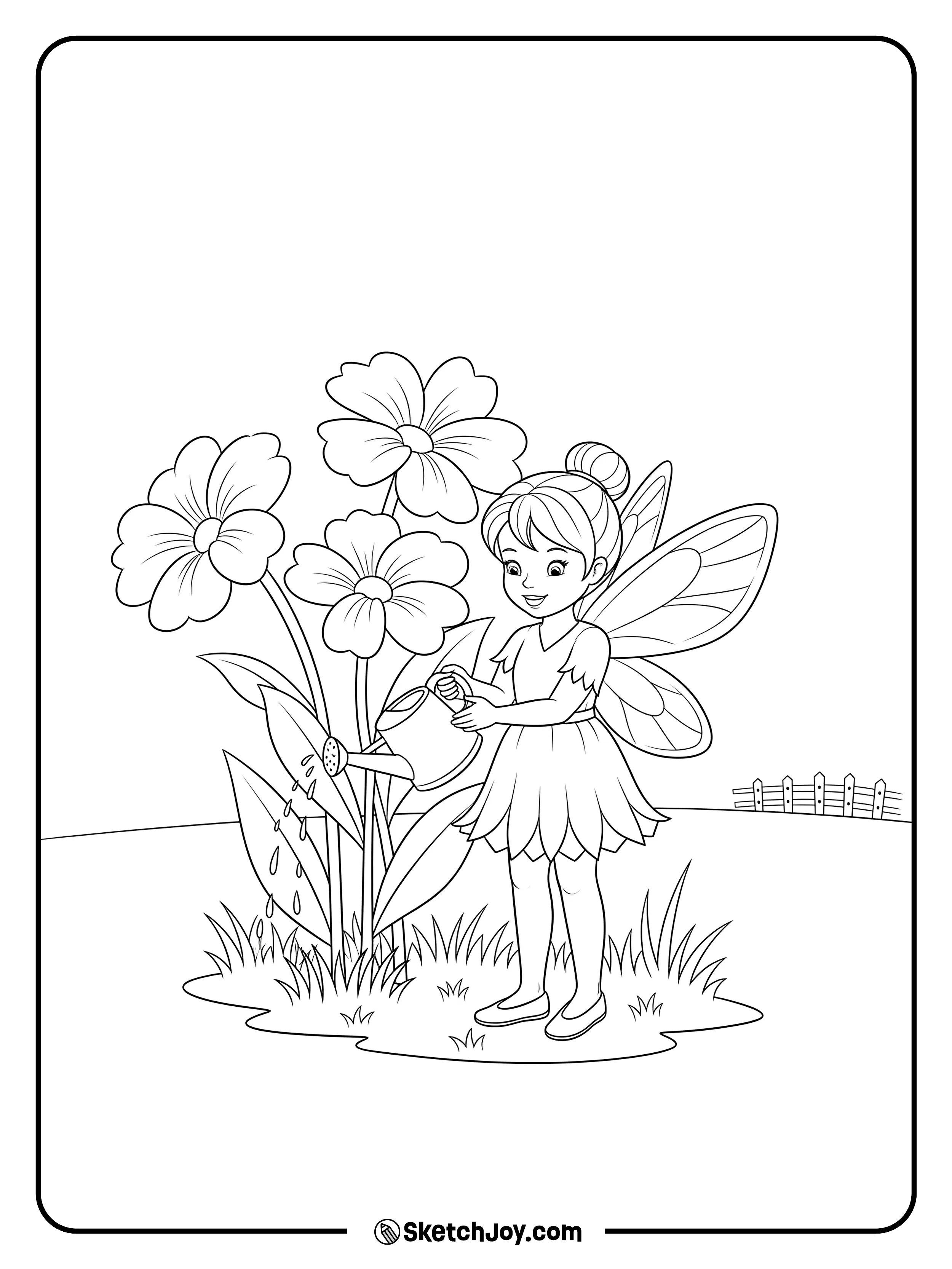 A fairy waters tall flowers with a small watering can.