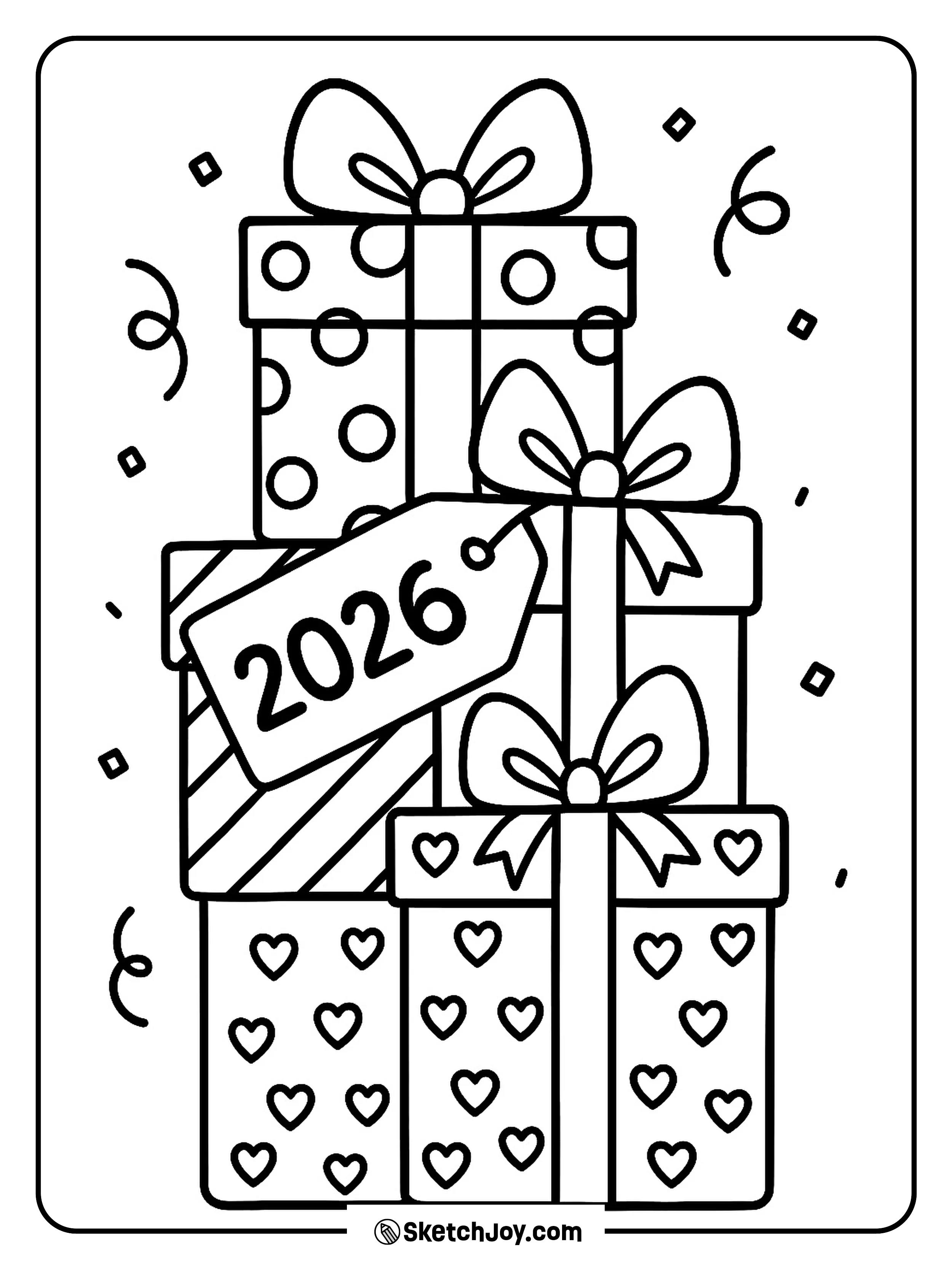 A stack of gifts has a big 2026 tag on top.