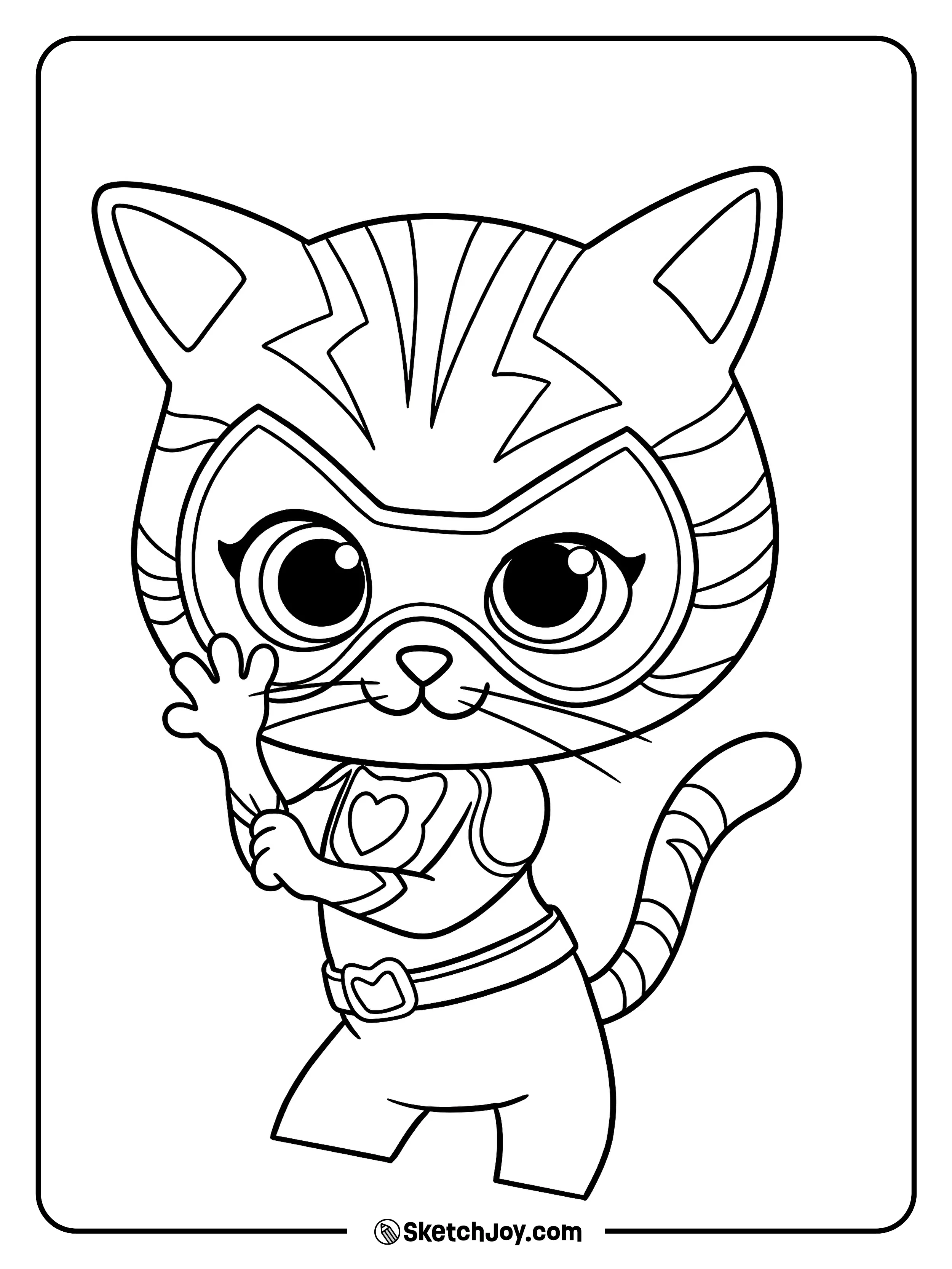 Ginny gives a friendly wave in her mask and super suit.