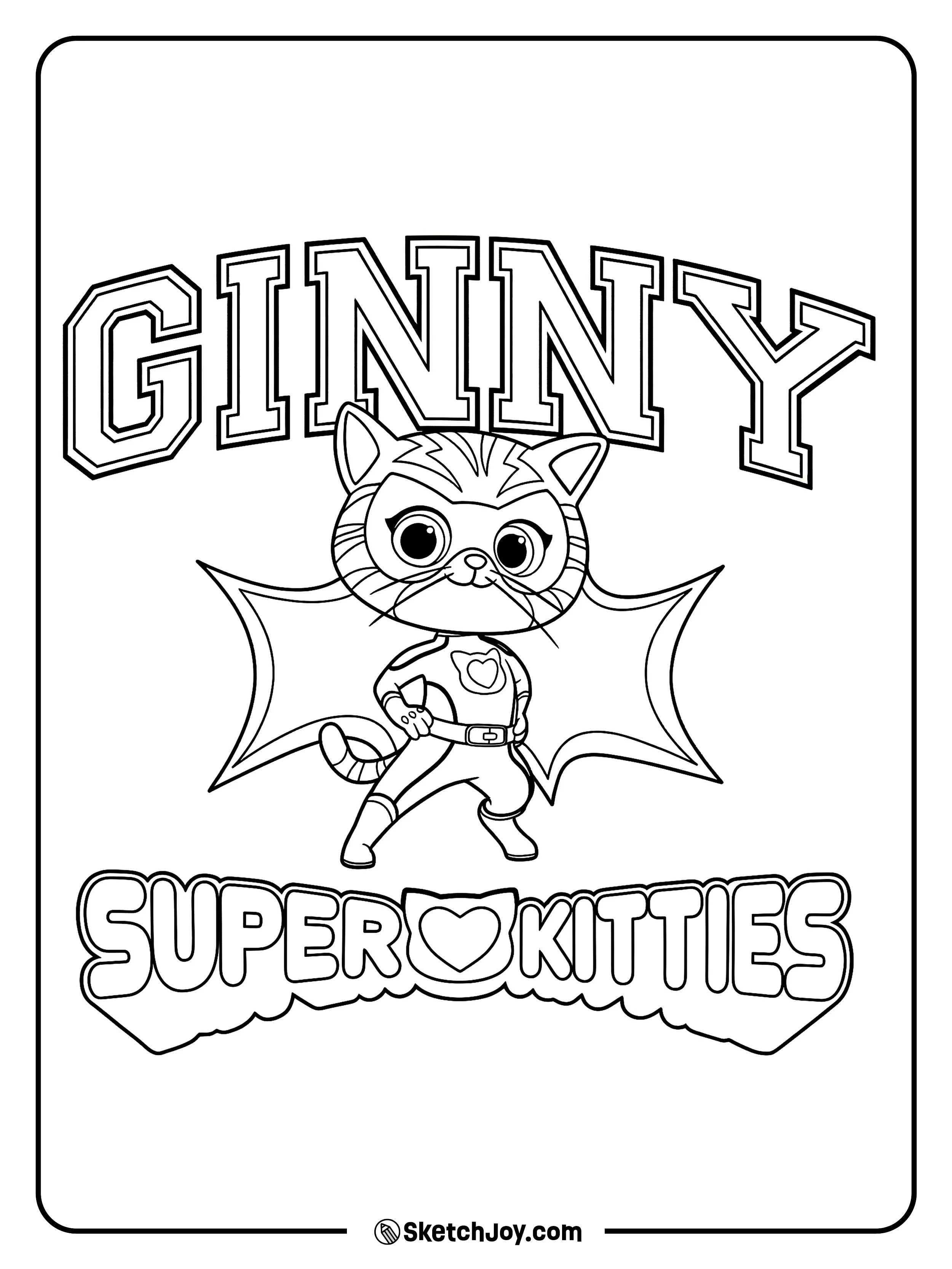 Ginny stands strong with her cape wings spread and the SuperKitties logo below.