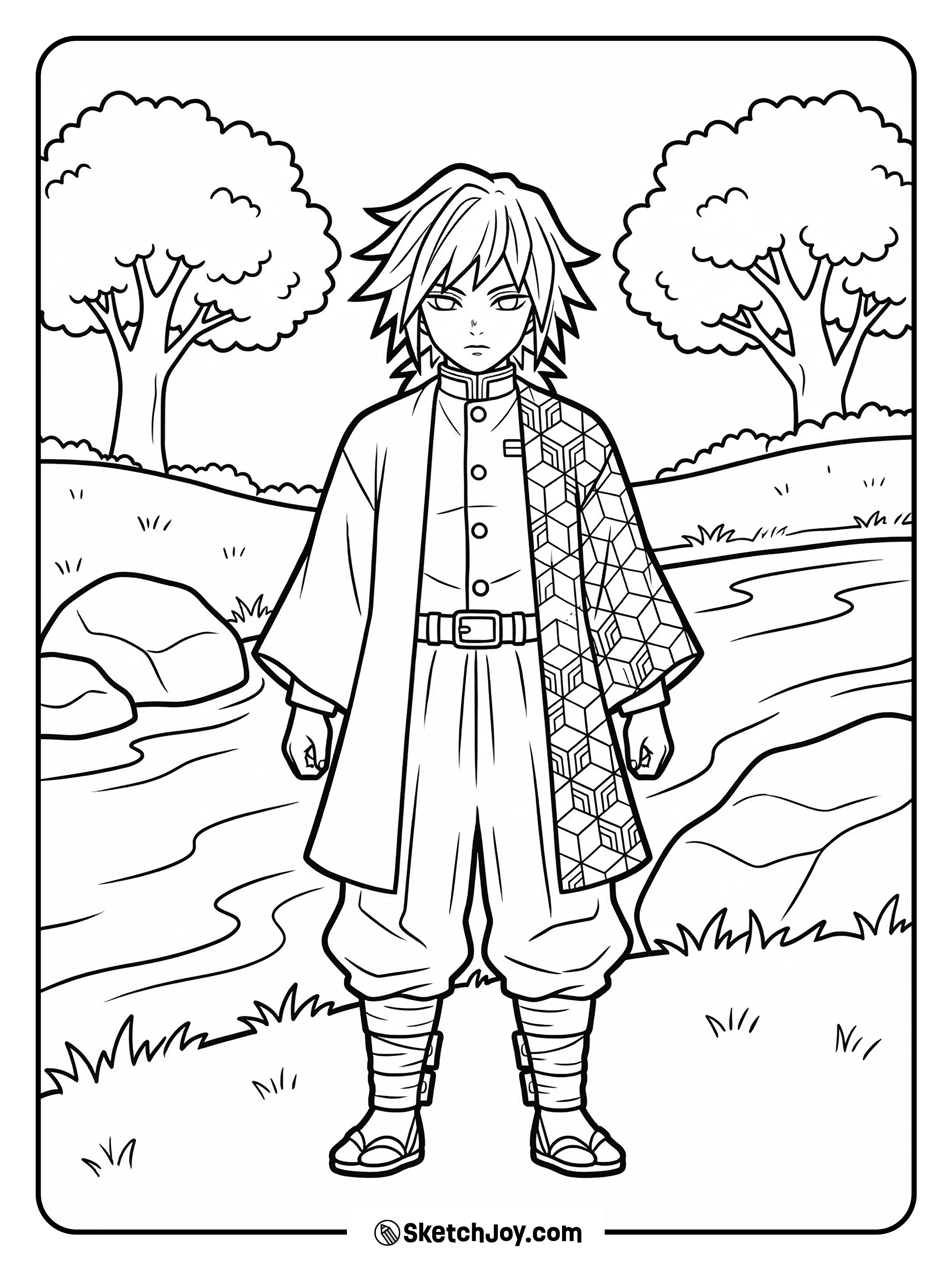 Giyu stands by a slow river, cloak blowing, with soft water lines behind him.