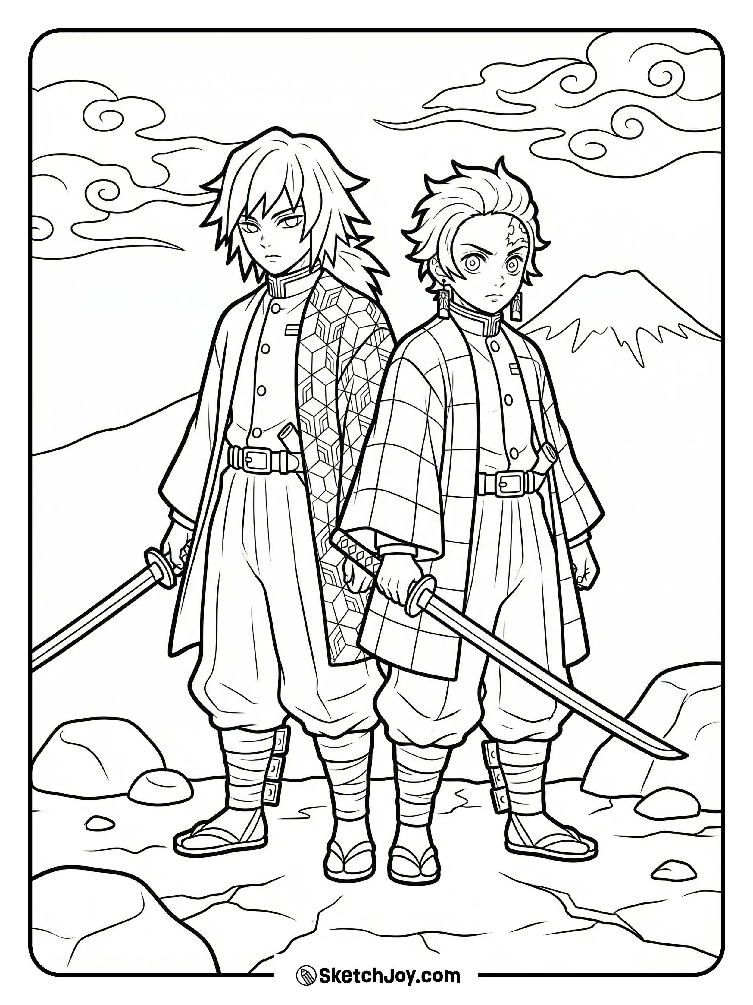 Giyu and Tanjiro stand back-to-back holding their swords, ready but calm.