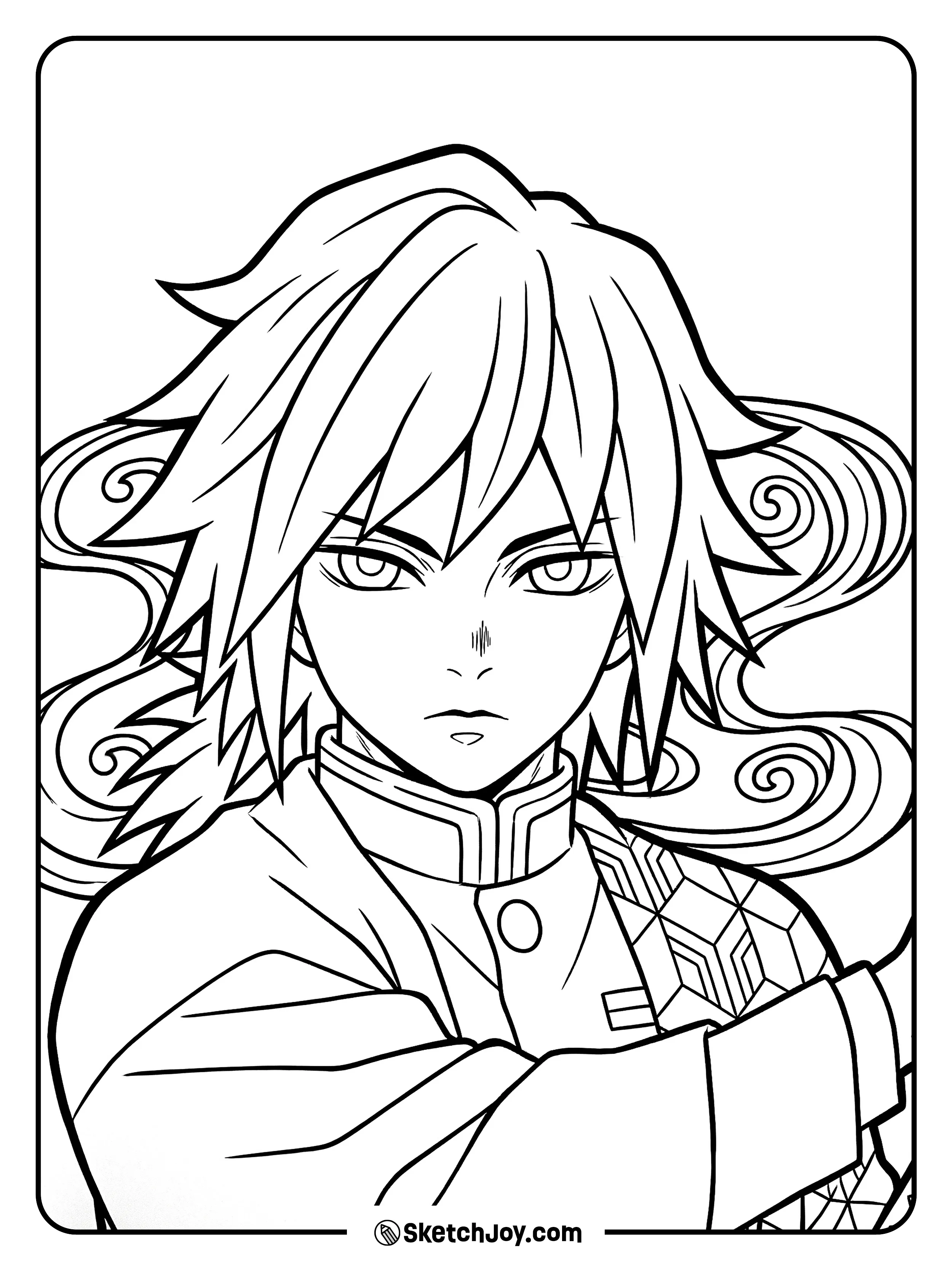 Giyu is shown from the waist up with a calm face and a soft water swirl behind him.