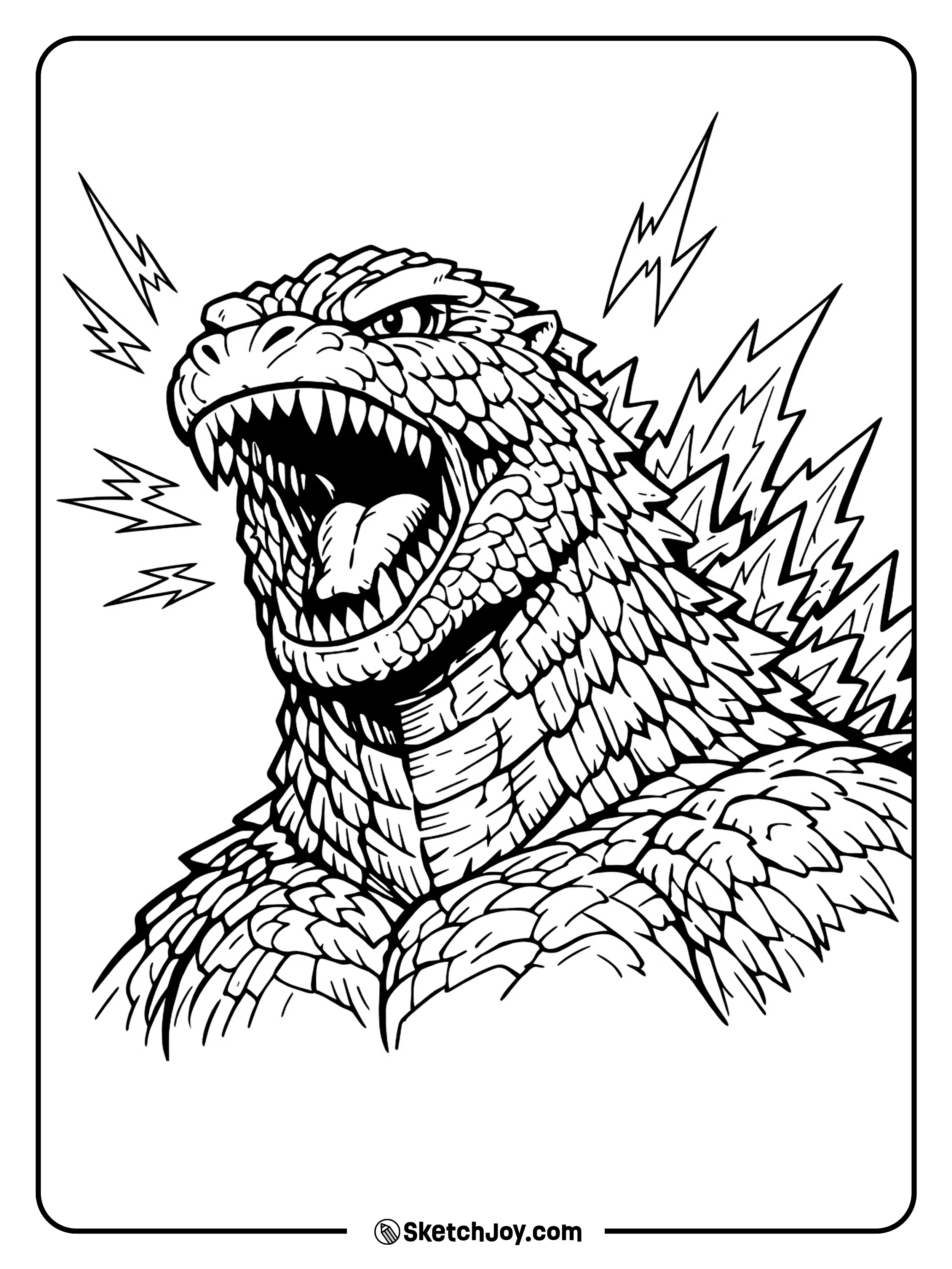 Godzilla roars with sharp teeth and big dorsal plates.