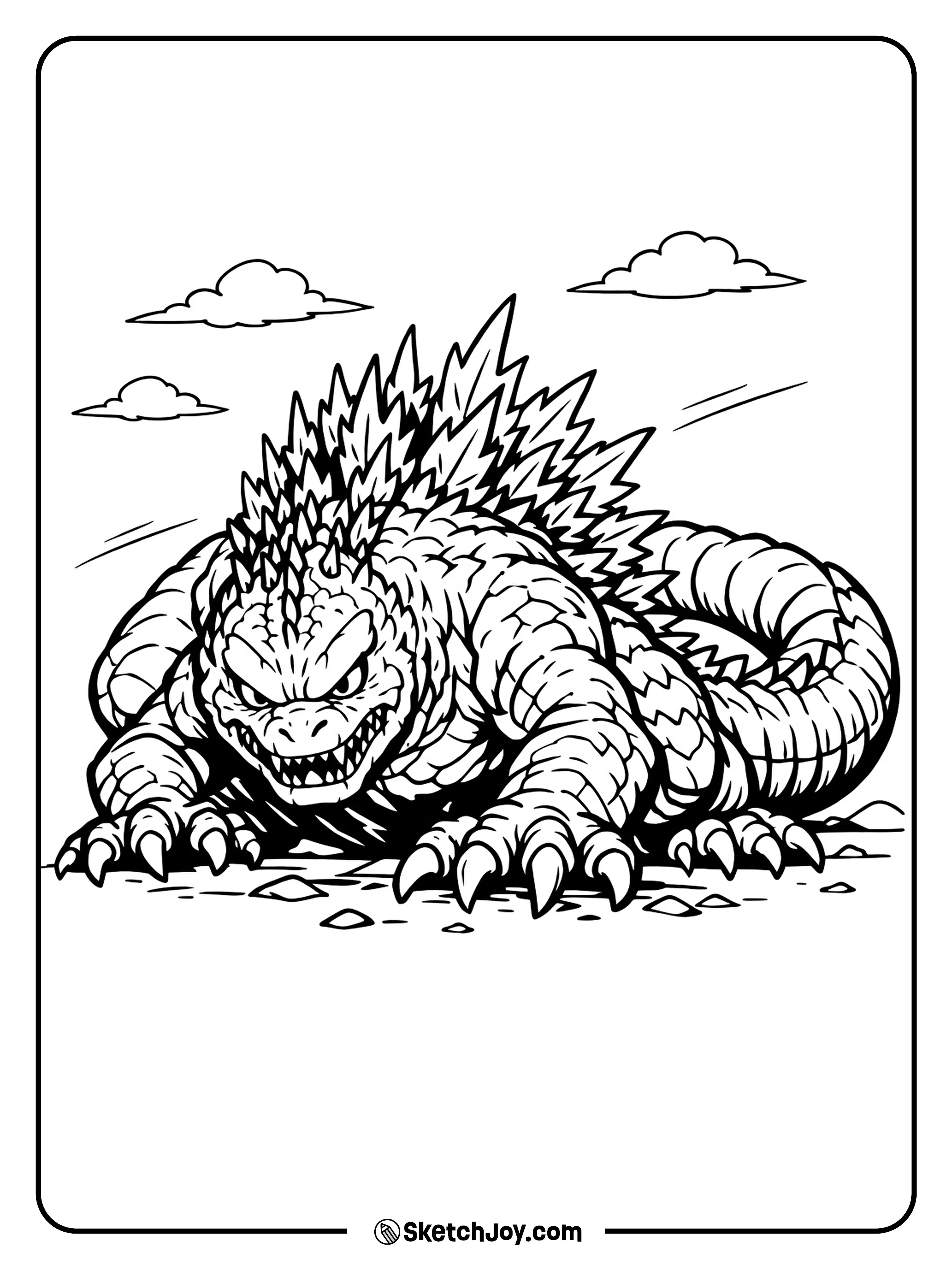 Godzilla crouches low like he is ready to spring forward.
